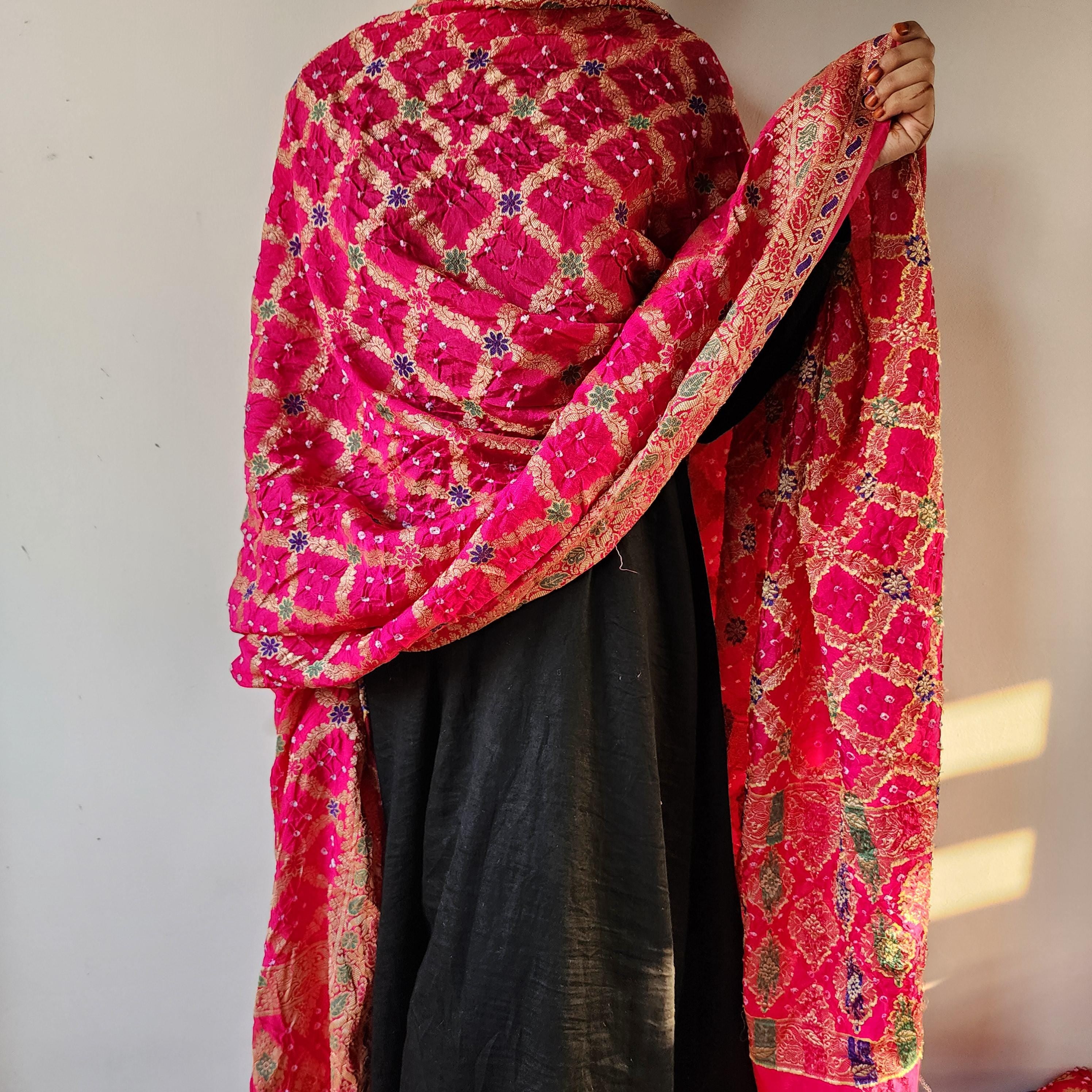 Rani Pink Bandhni dupatta with Banarasi Meenakari work