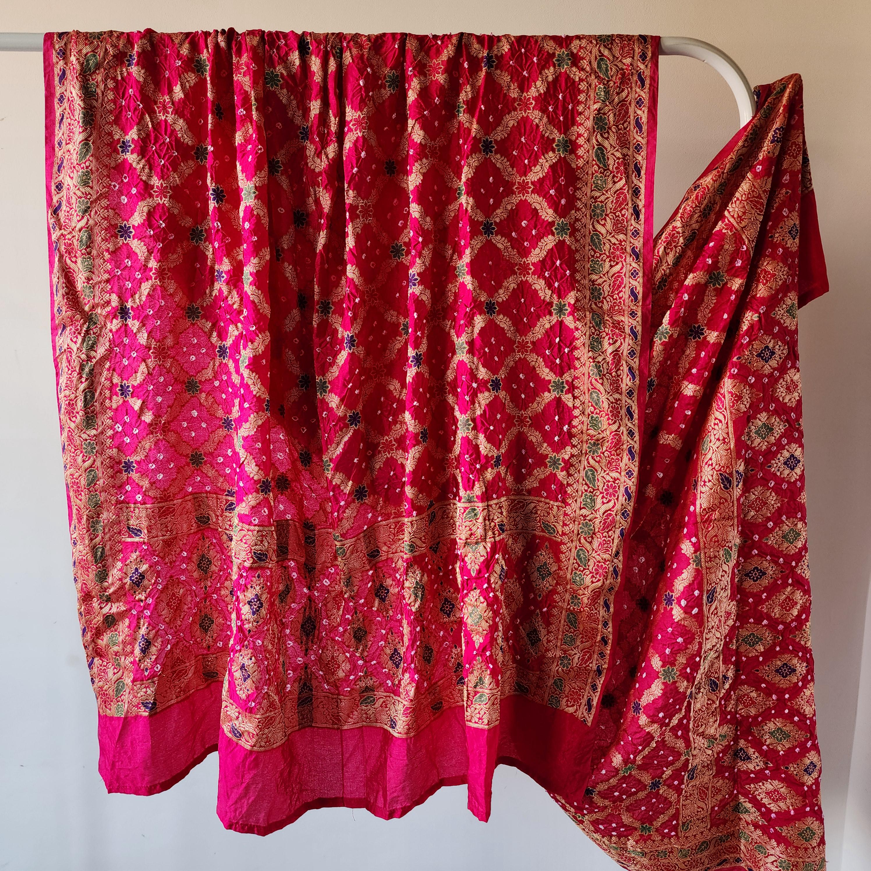 Rani Pink Bandhni dupatta with Banarasi Meenakari work