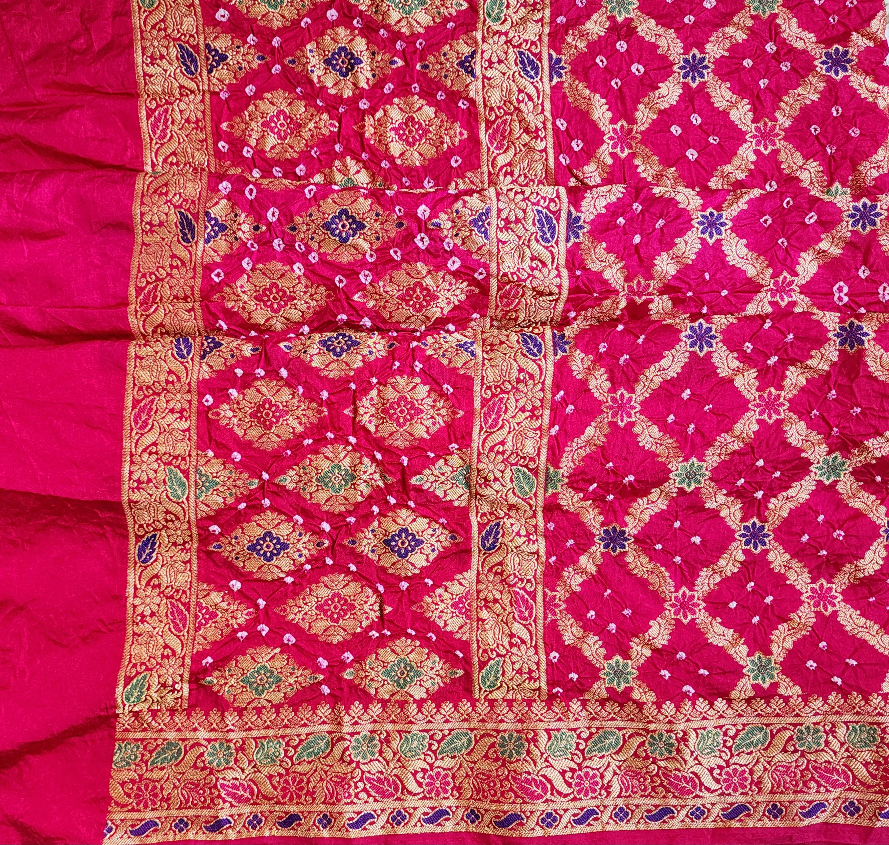 Rani Pink Bandhni dupatta with Banarasi Meenakari work