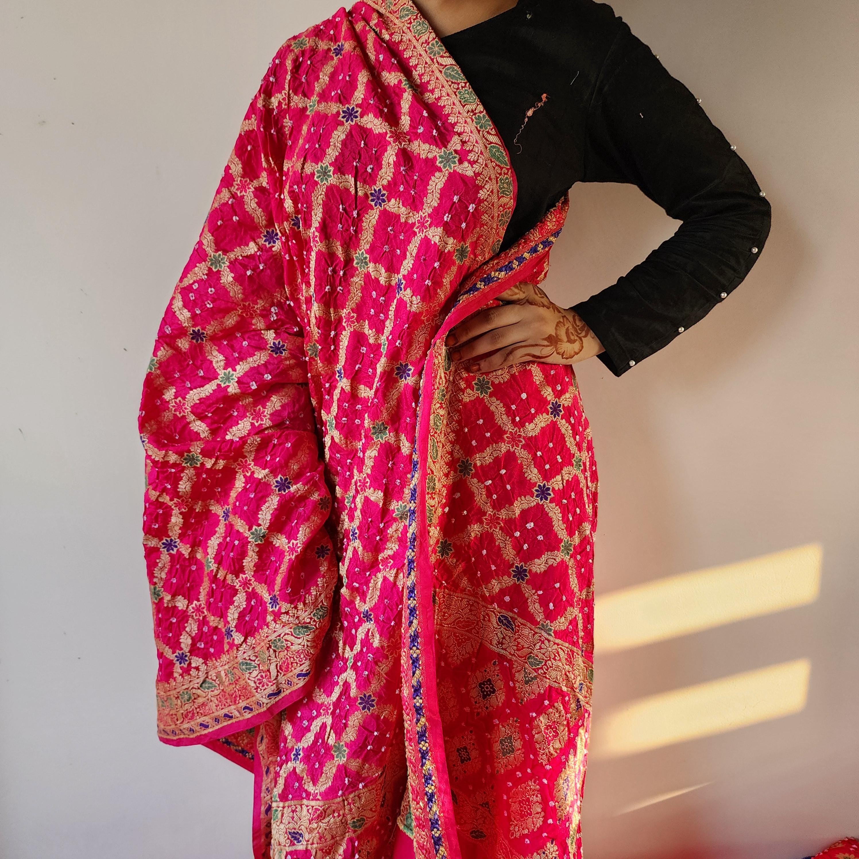 Rani Pink Bandhni dupatta with Banarasi Meenakari work