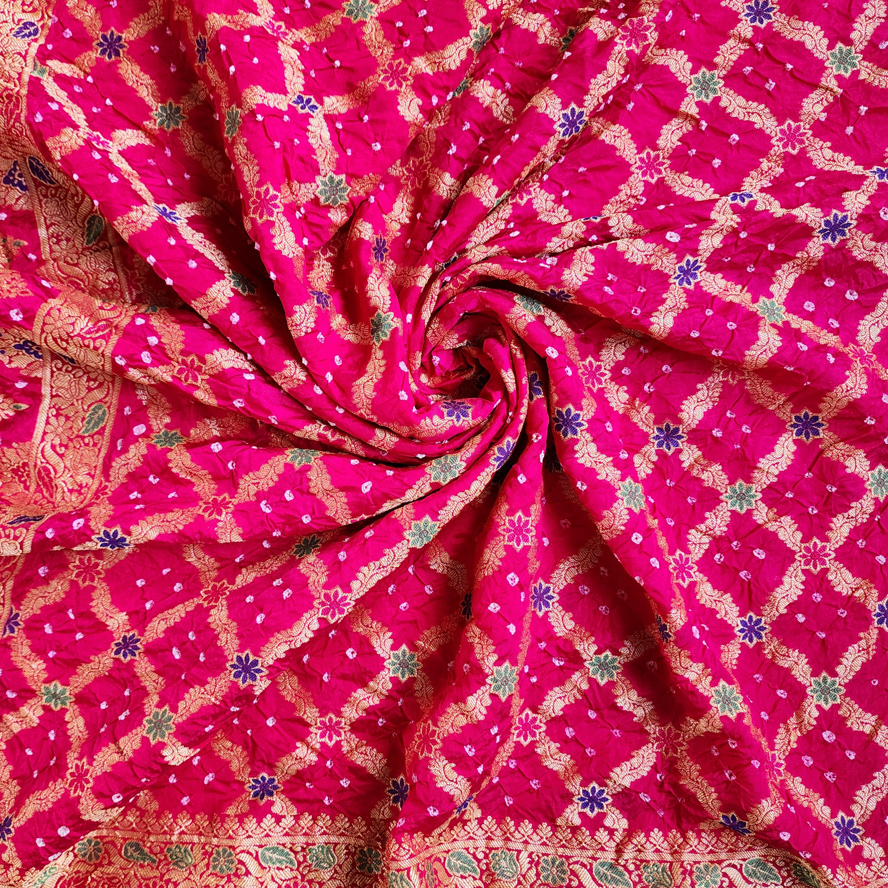 Rani Pink Bandhni dupatta with Banarasi Meenakari work