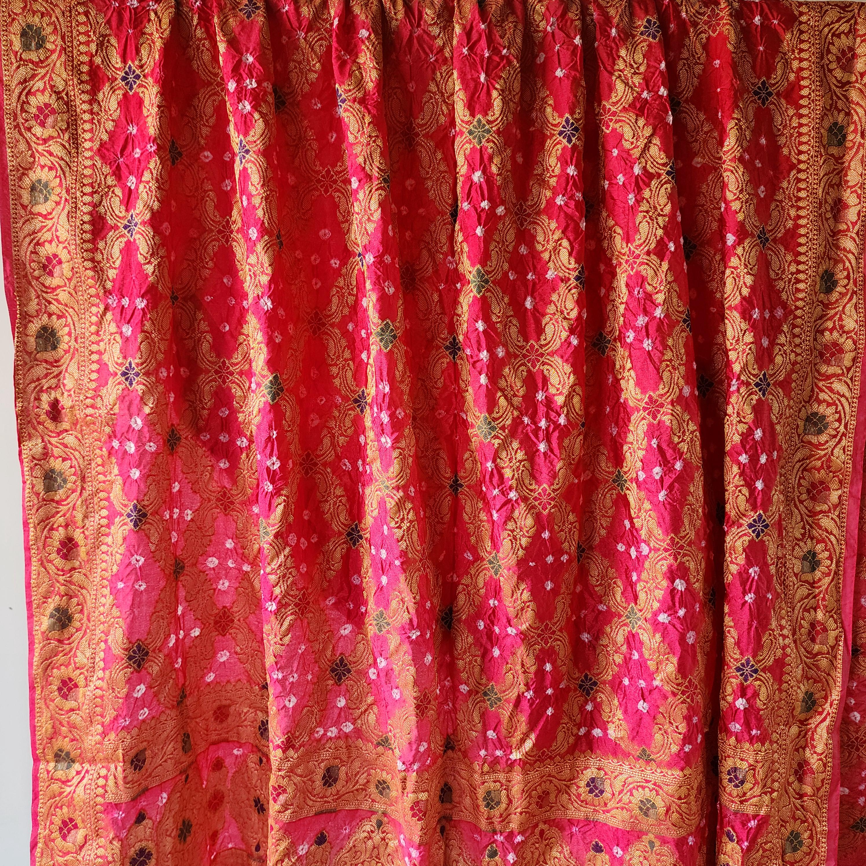 Pink Bandhni dupatta with floral motifs & Banarasi Meenakari work