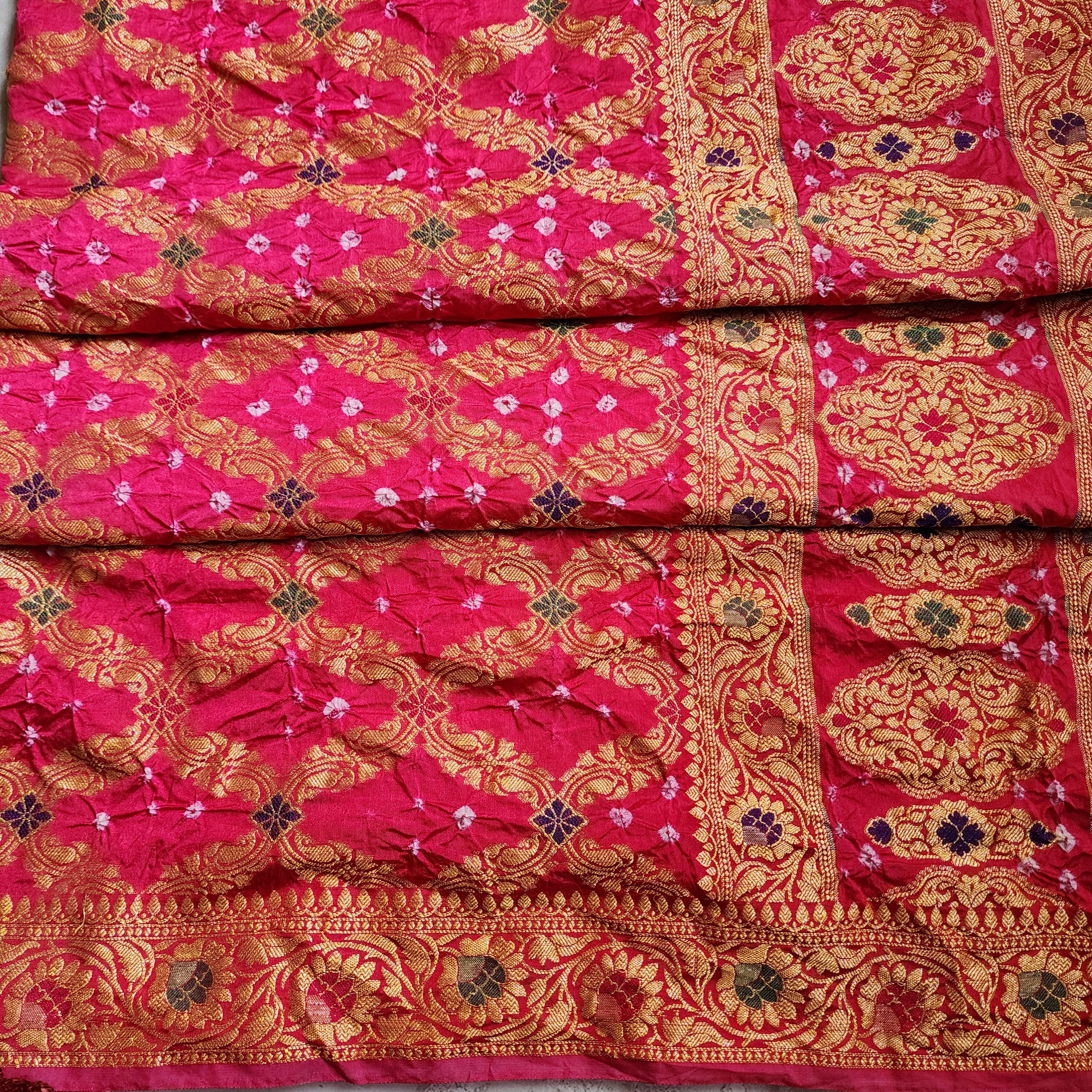 Pink Bandhni dupatta with floral motifs & Banarasi Meenakari work