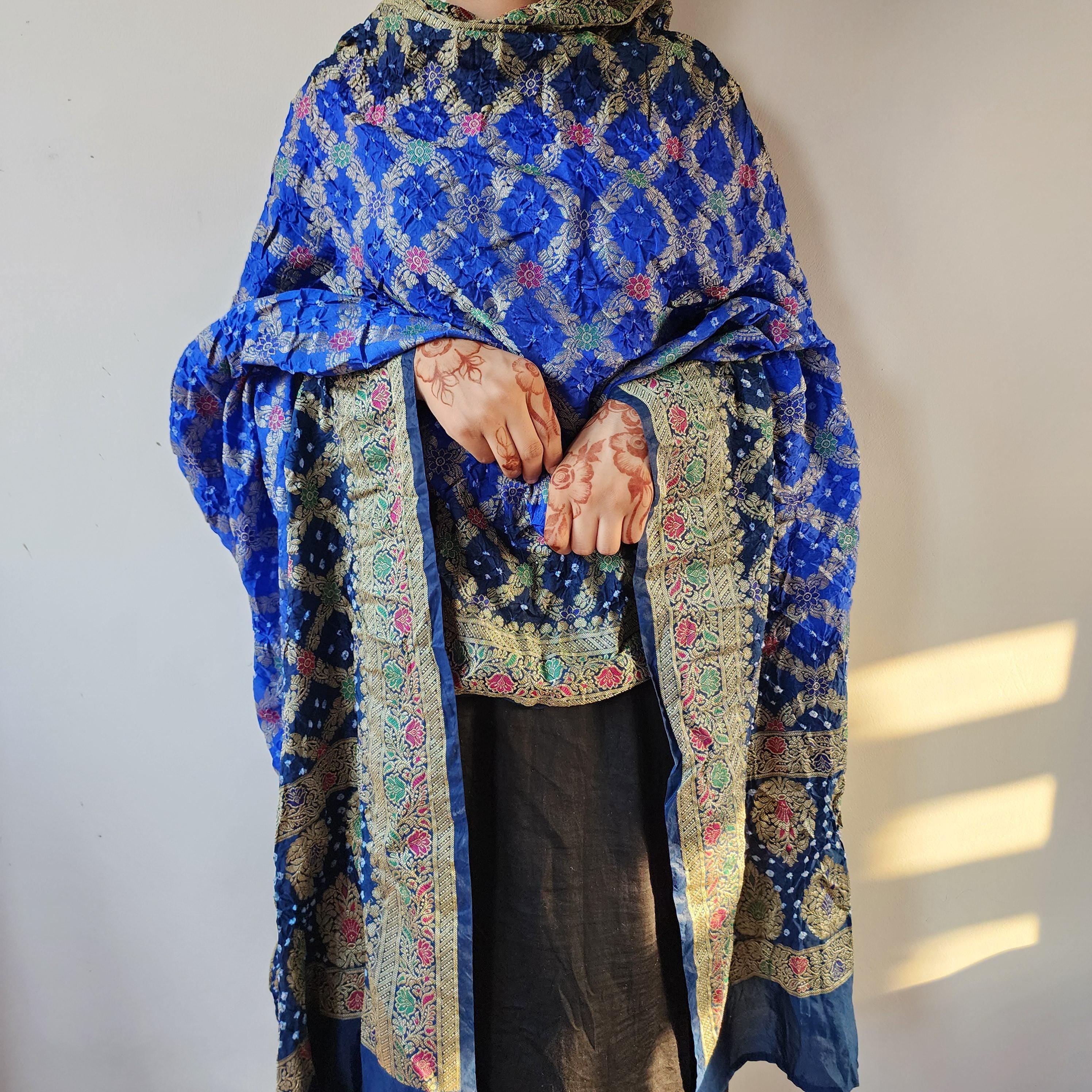 Dual-toned Royal Blue & Navy Bandhni dupatta with Banarasi Meenakari work