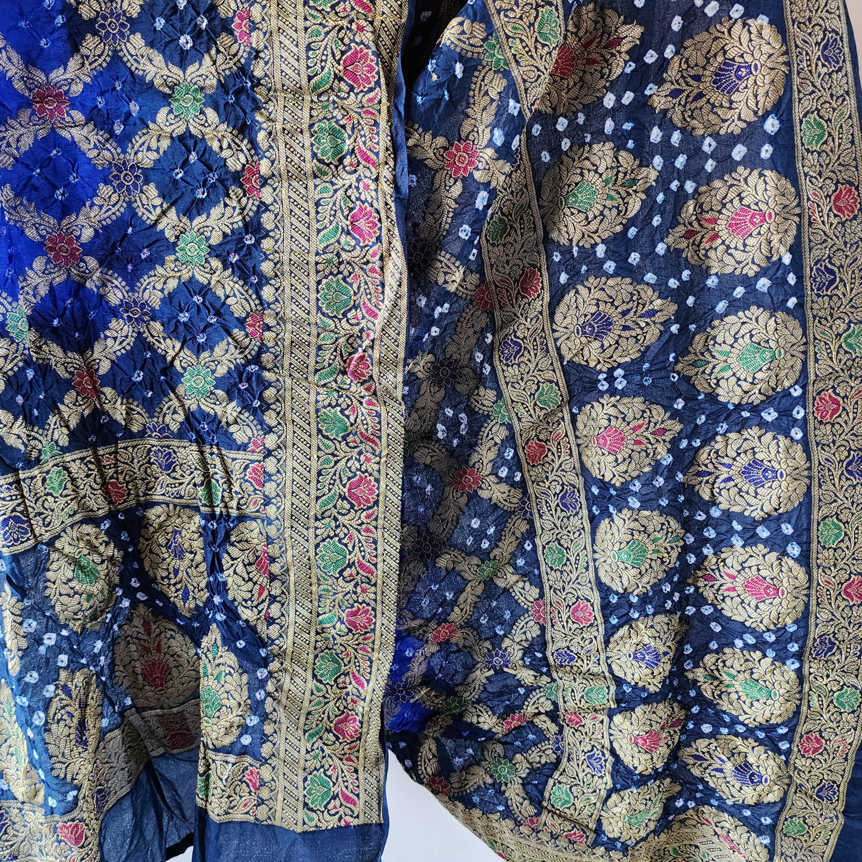 Dual-toned Royal Blue & Navy Bandhni dupatta with Banarasi Meenakari work