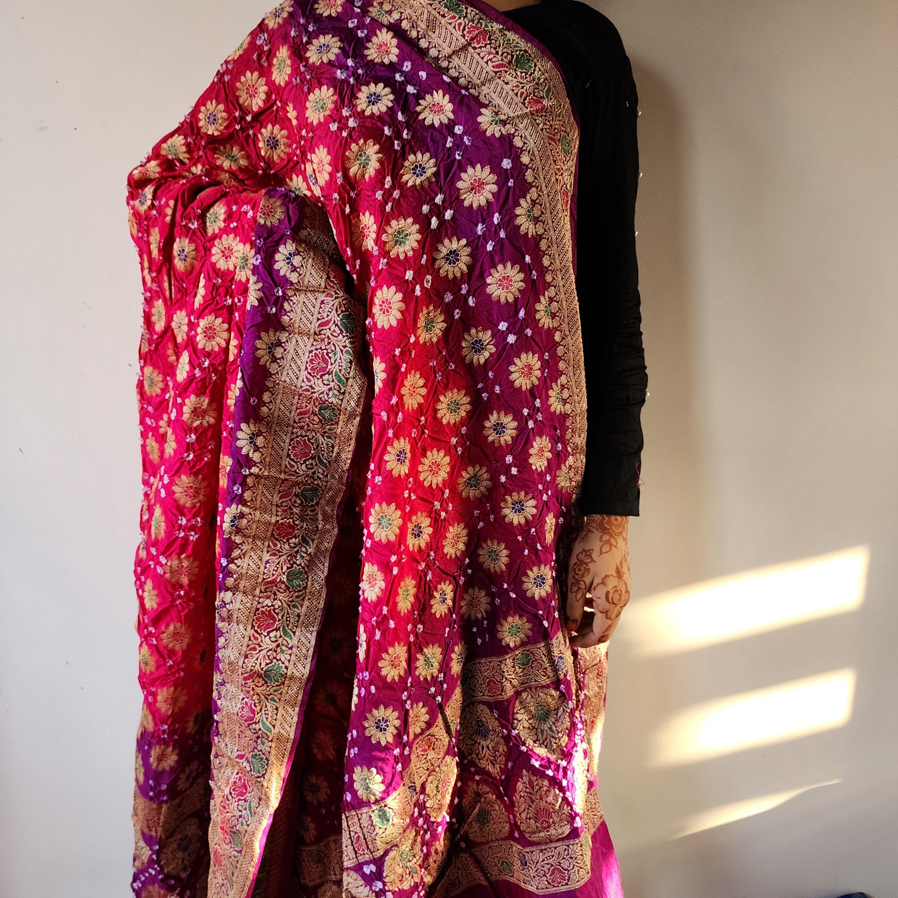 Rani Pink Bandhni dupatta with Purple Border & Banarasi Meenakari work