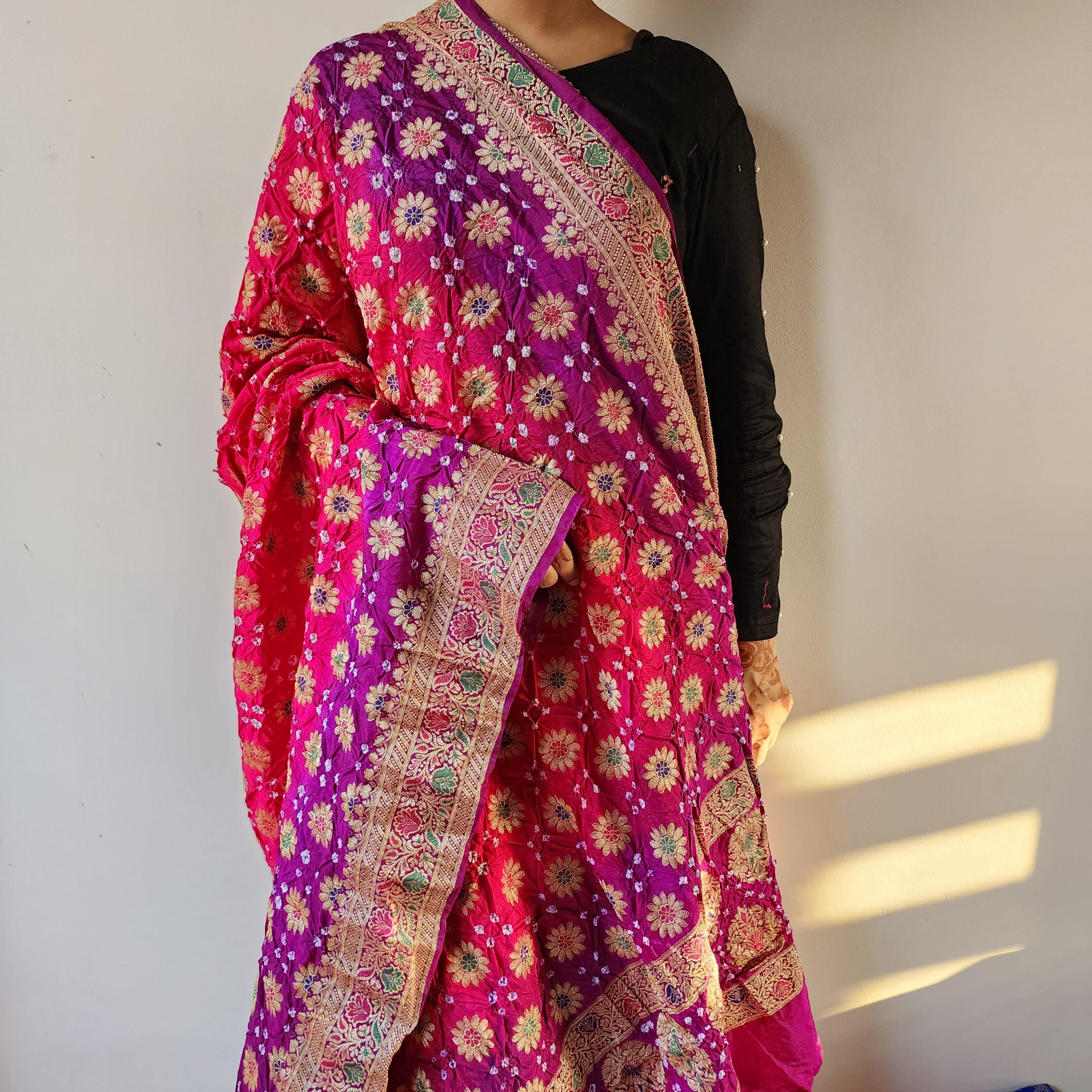 Rani Pink Bandhni dupatta with Purple Border & Banarasi Meenakari work