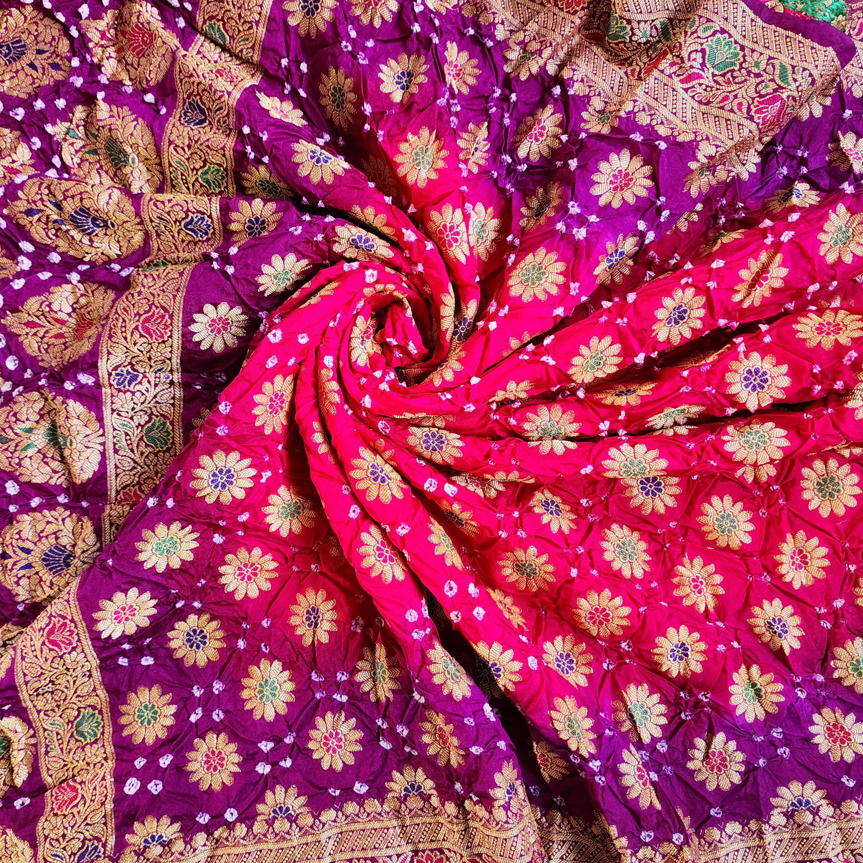 Rani Pink Bandhni dupatta with Purple Border & Banarasi Meenakari work