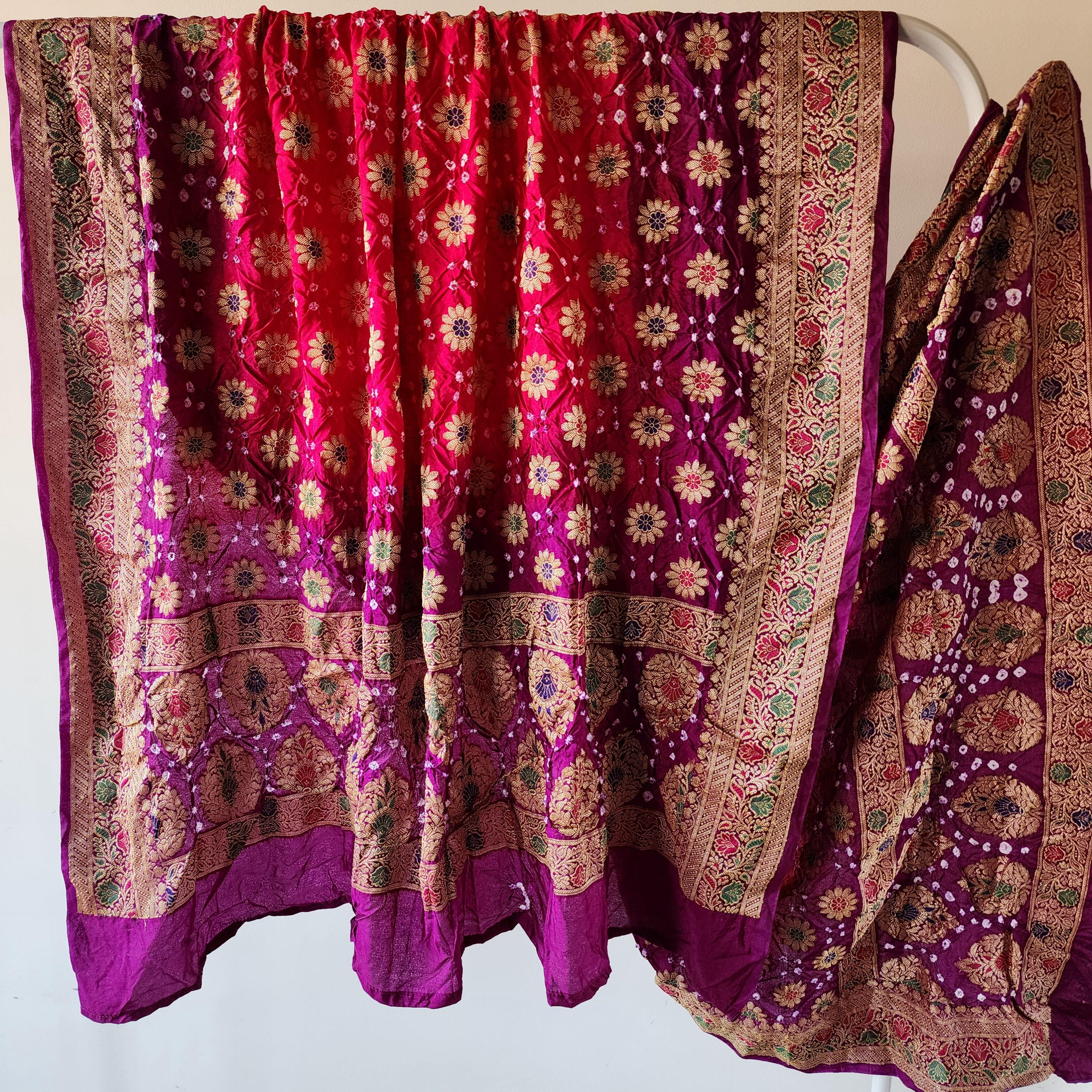 Rani Pink Bandhni dupatta with Purple Border & Banarasi Meenakari work