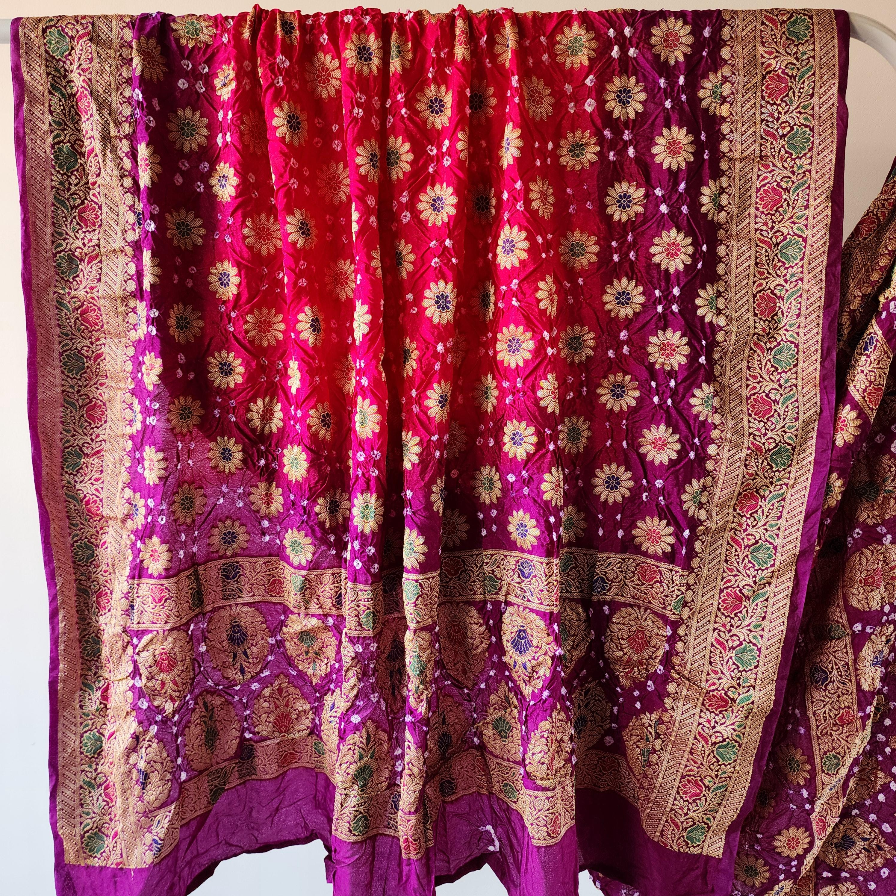 Rani Pink Bandhni dupatta with Purple Border & Banarasi Meenakari work