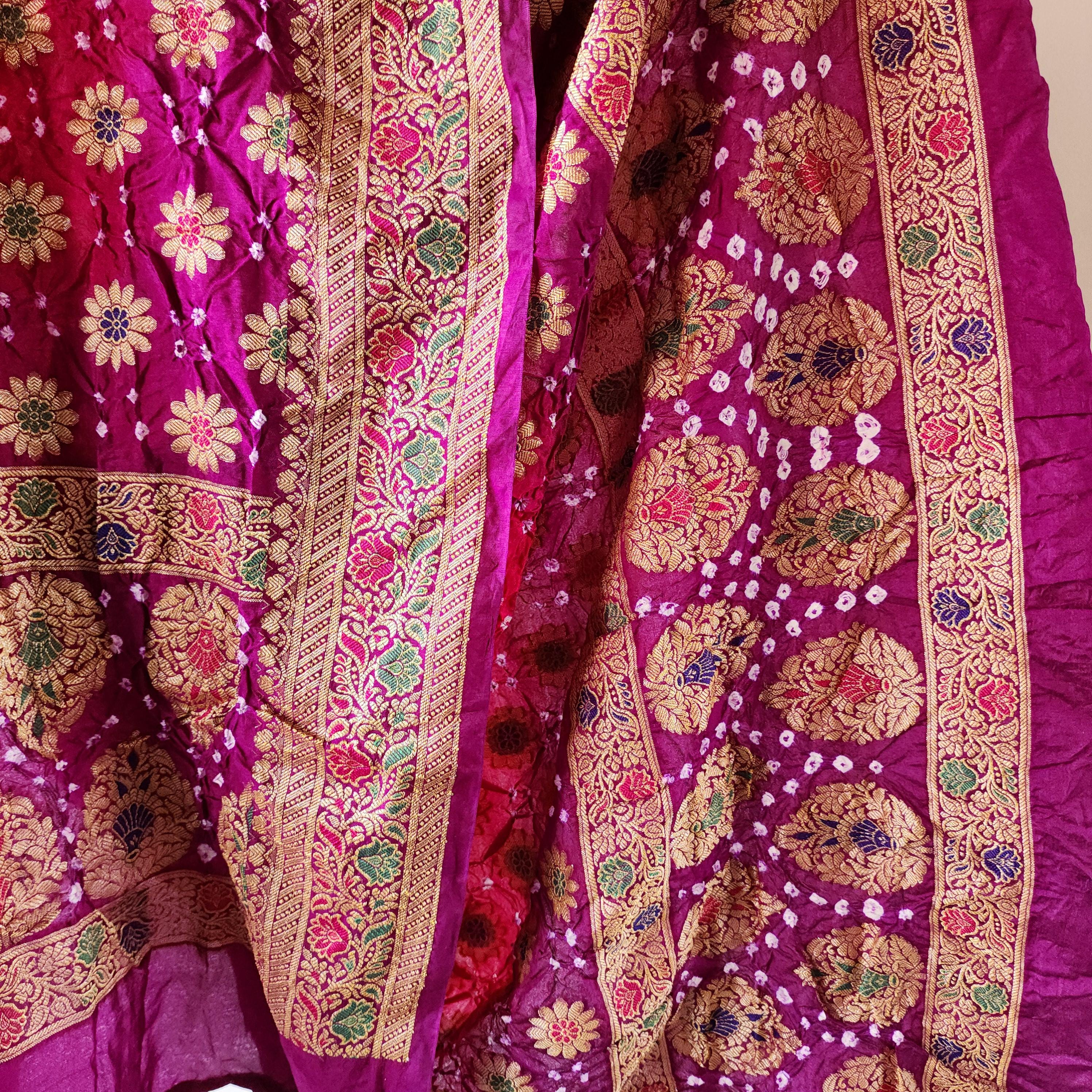 Rani Pink Bandhni dupatta with Purple Border & Banarasi Meenakari work