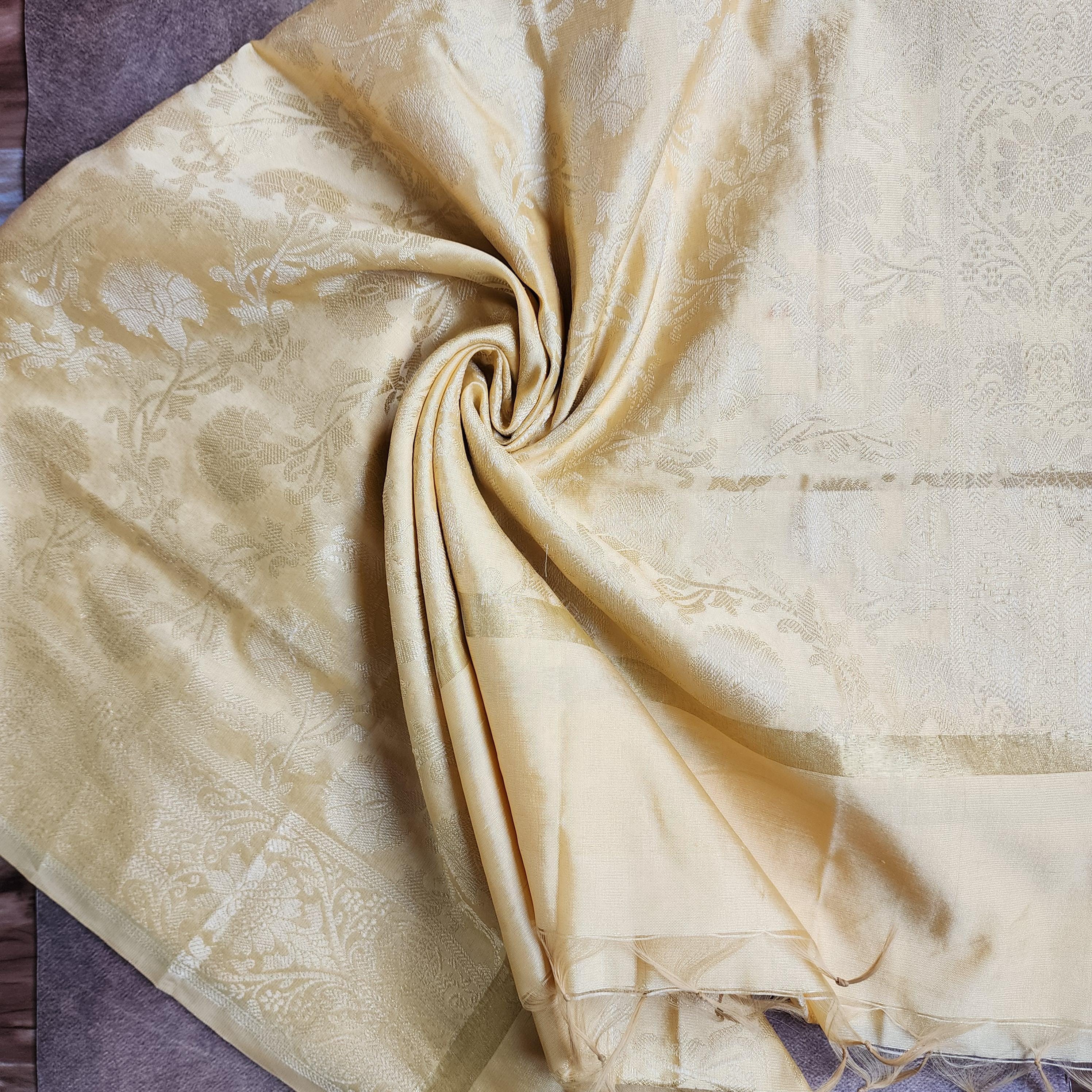 Beige Banarasi Dupatta with Gold Floral Zari Work Elegant & Timeless for Festive and Wedding Wear.