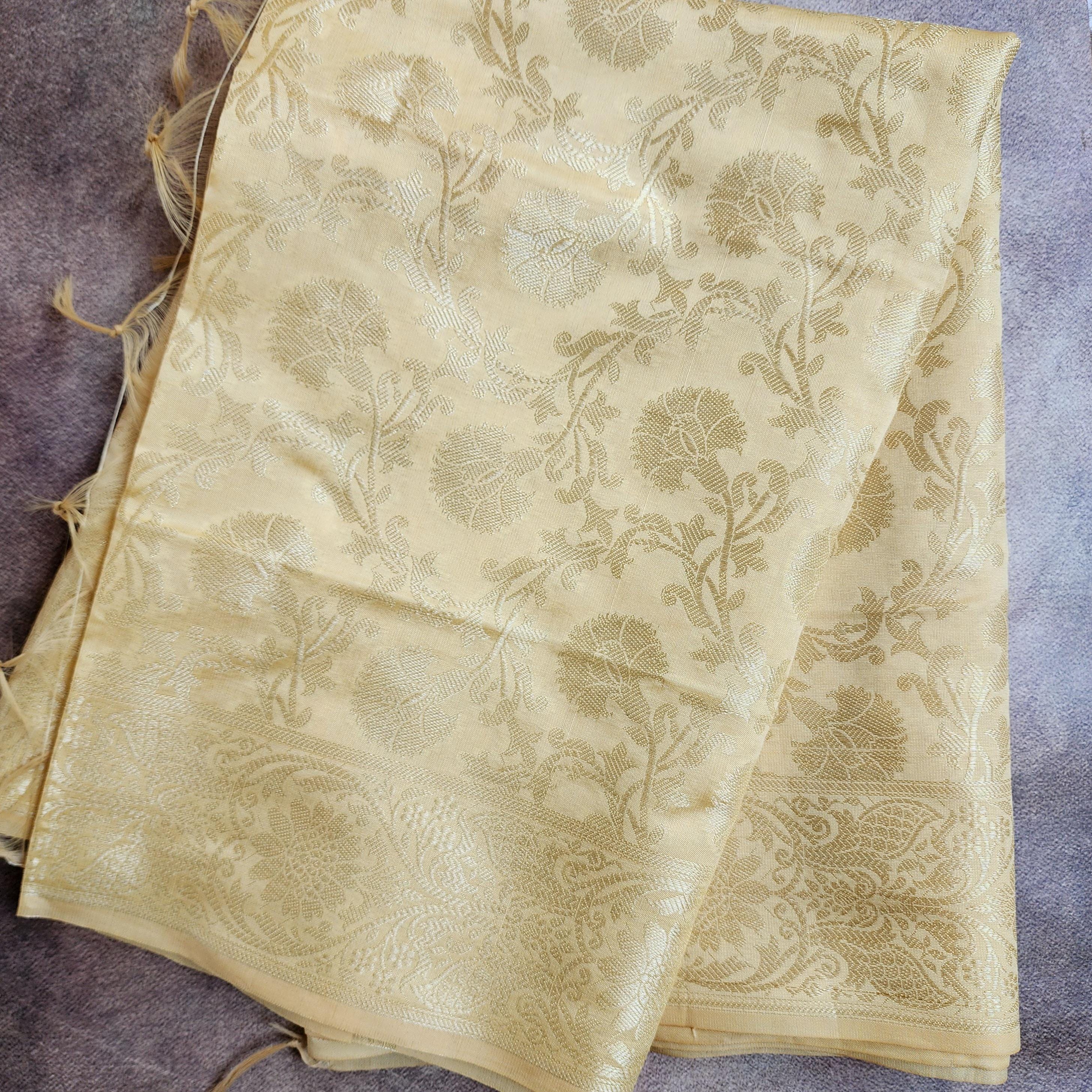 Beige Banarasi Dupatta with Gold Floral Zari Work Elegant & Timeless for Festive and Wedding Wear.