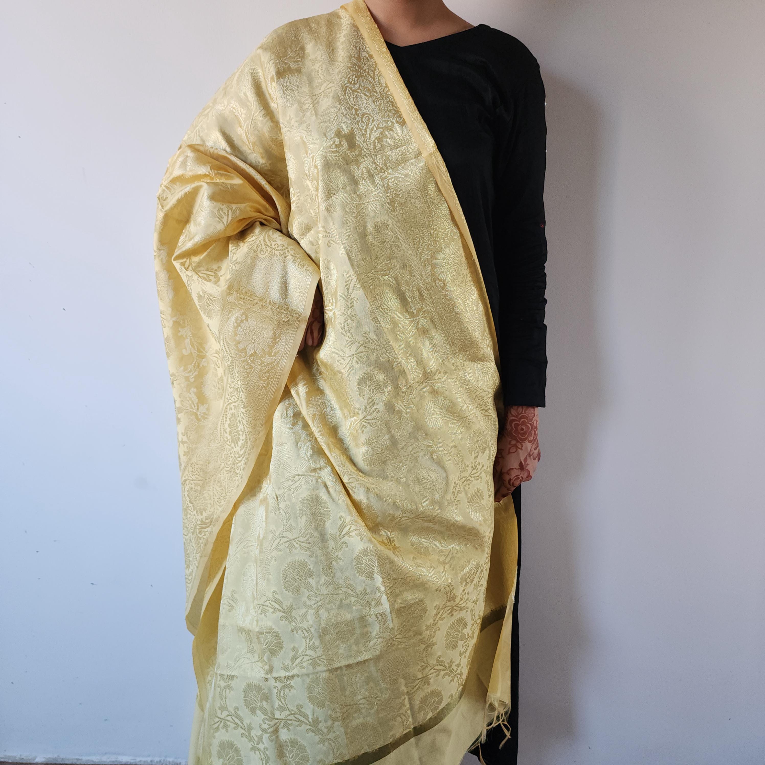 Beige Banarasi Dupatta with Gold Floral Zari Work Elegant & Timeless for Festive and Wedding Wear.