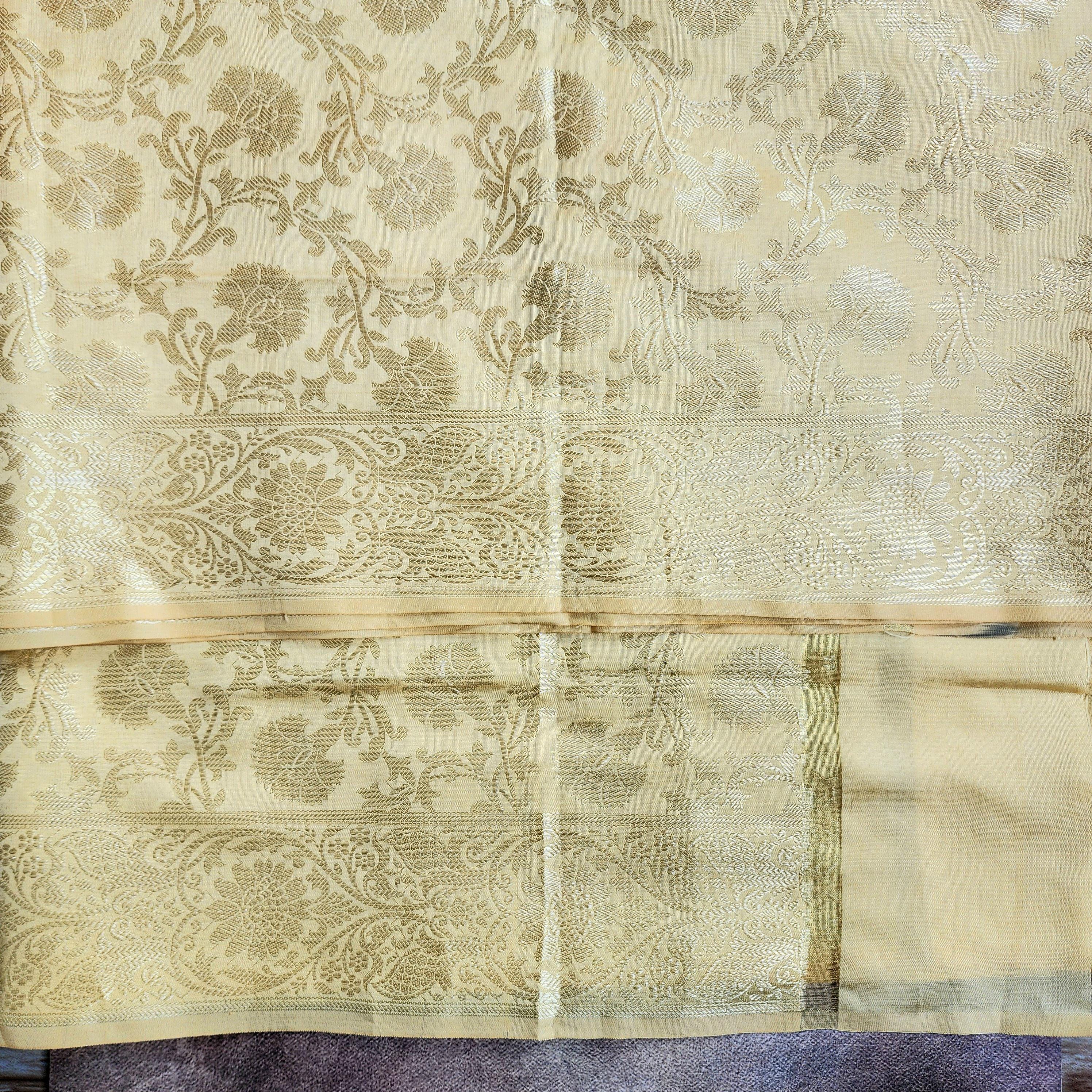 Beige Banarasi Dupatta with Gold Floral Zari Work Elegant & Timeless for Festive and Wedding Wear.