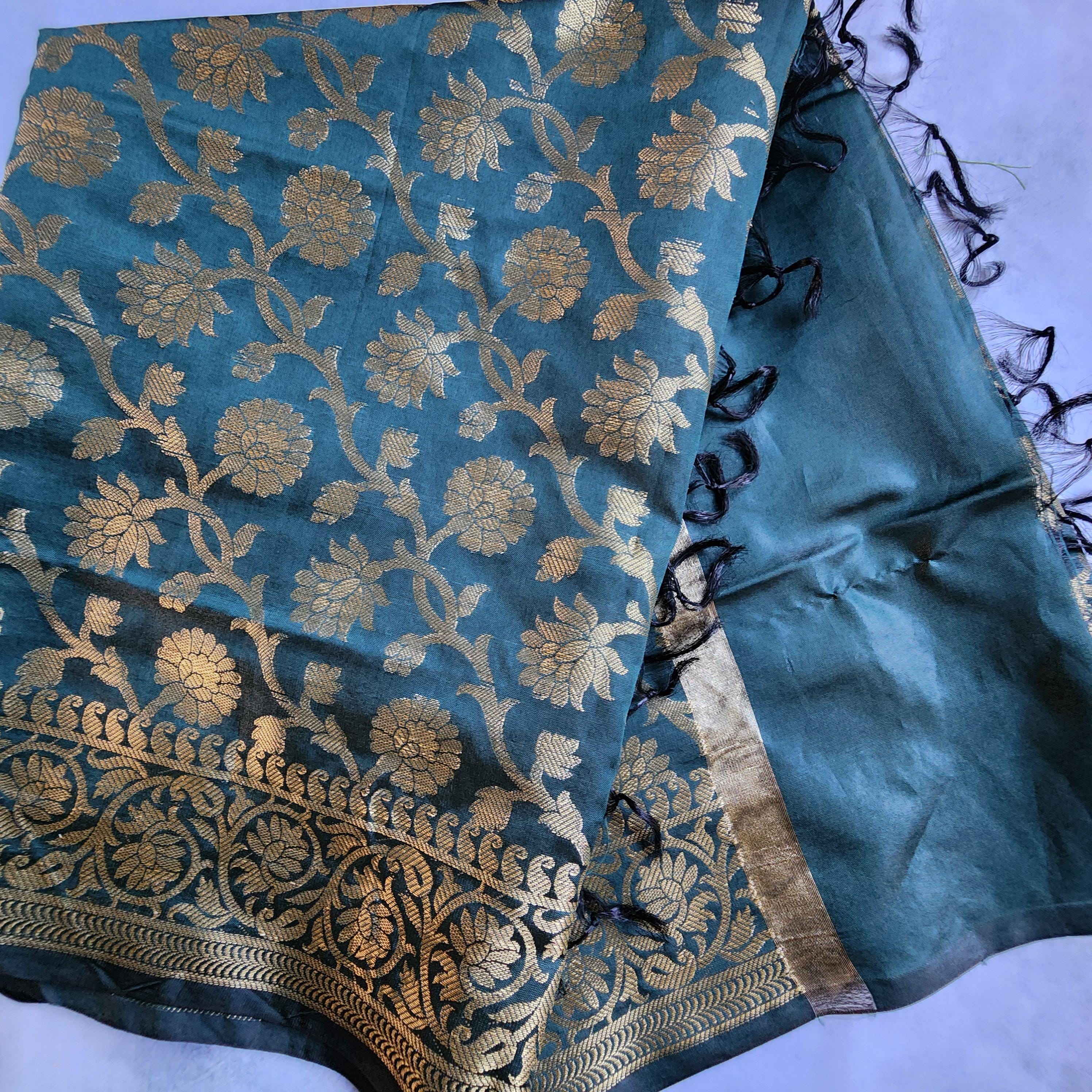 Bottle Teal Green Banarasi Silk Dupatta with Floral Kairi Border