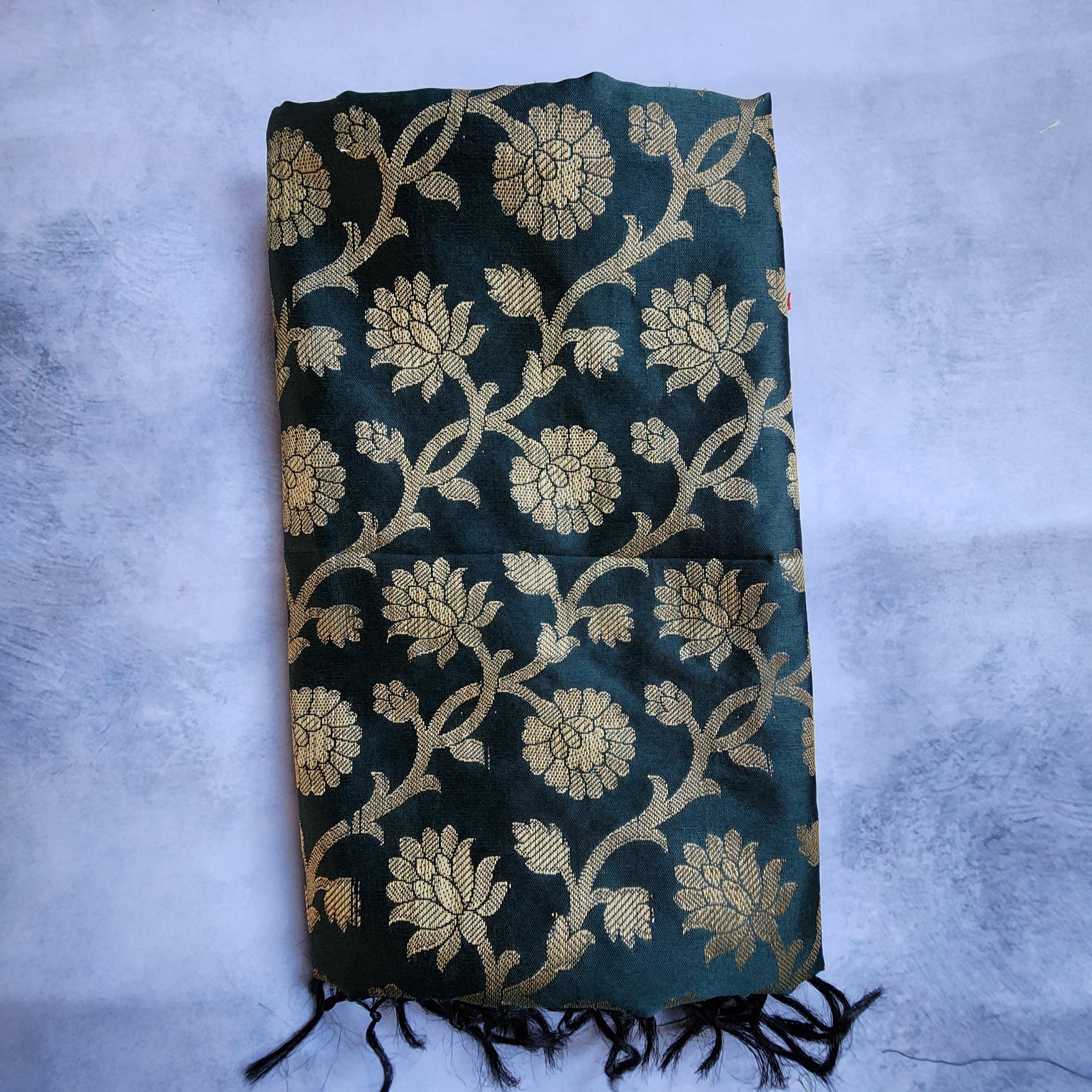 Dark Green Banarasi Dupatta with Rich Golden Zari Motifs A Classic Choice for Ethnic Looks.