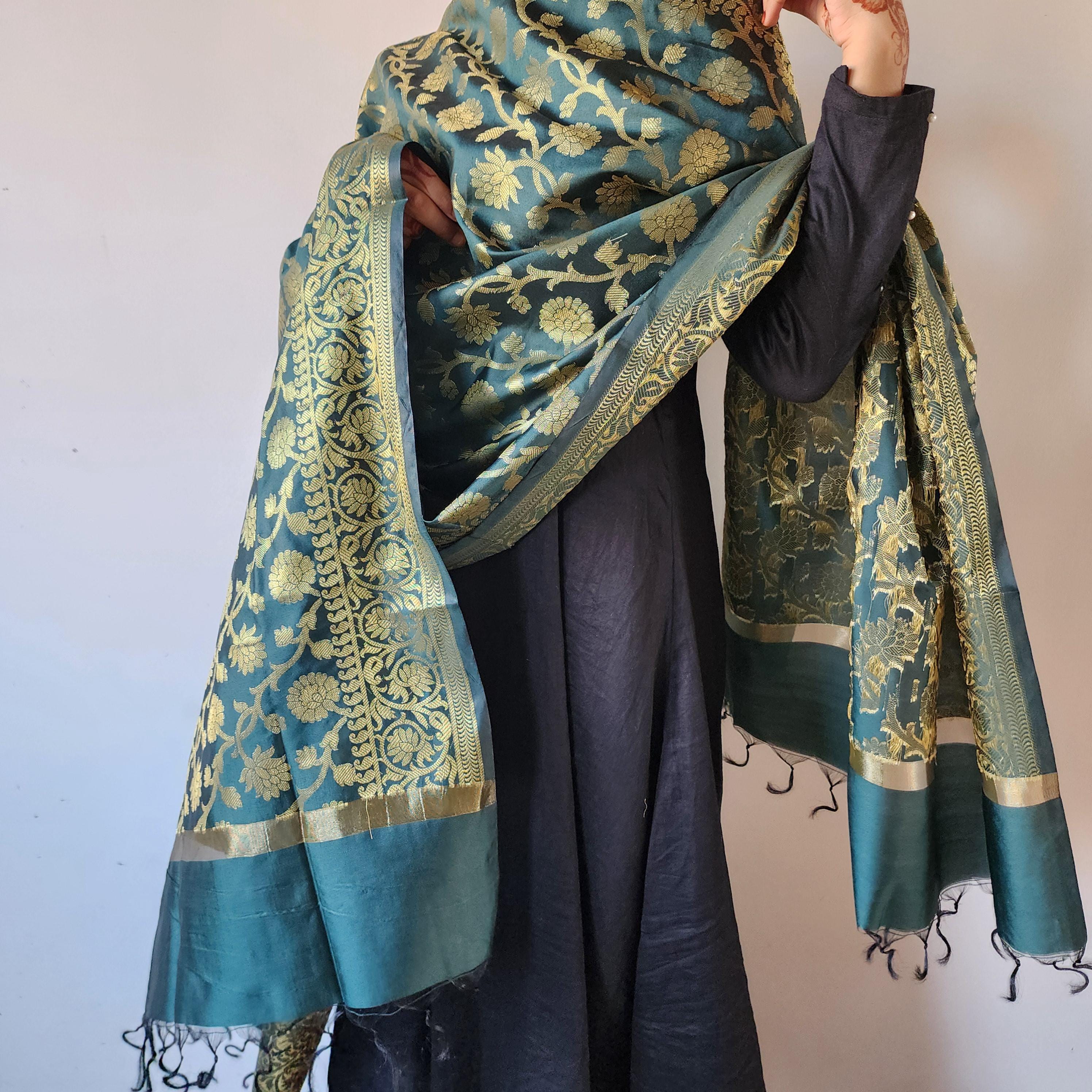 Dark Green Banarasi Dupatta with Rich Golden Zari Motifs A Classic Choice for Ethnic Looks.