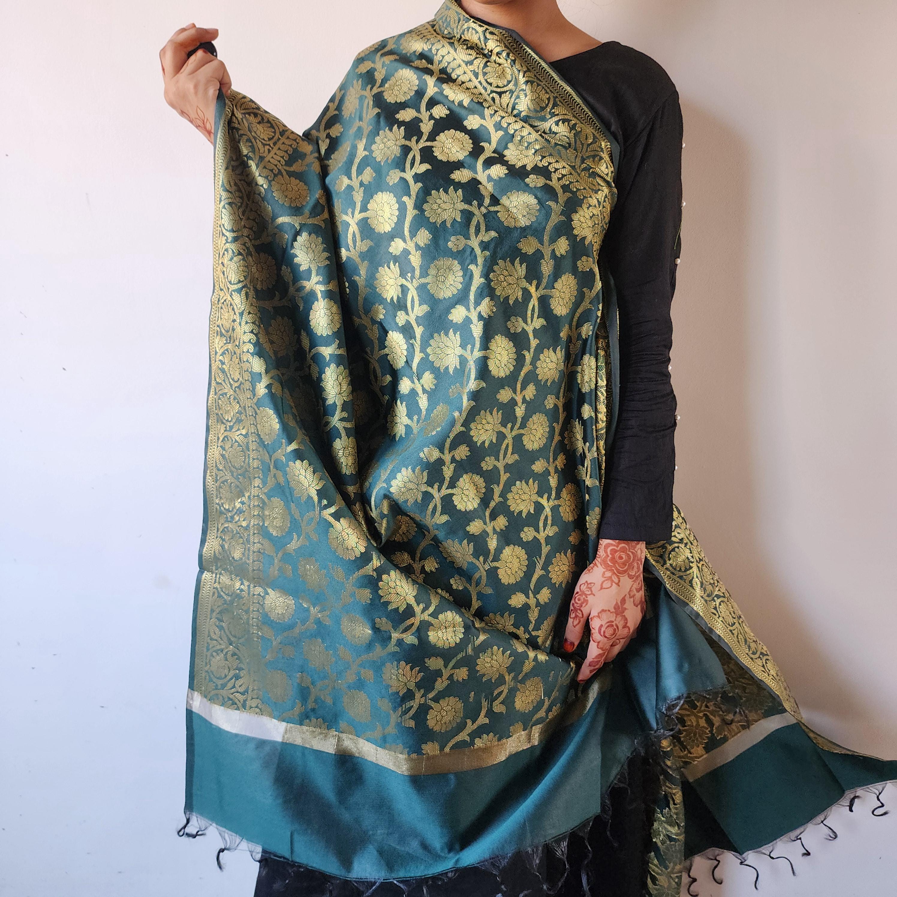 Dark Green Banarasi Dupatta with Rich Golden Zari Motifs A Classic Choice for Ethnic Looks.