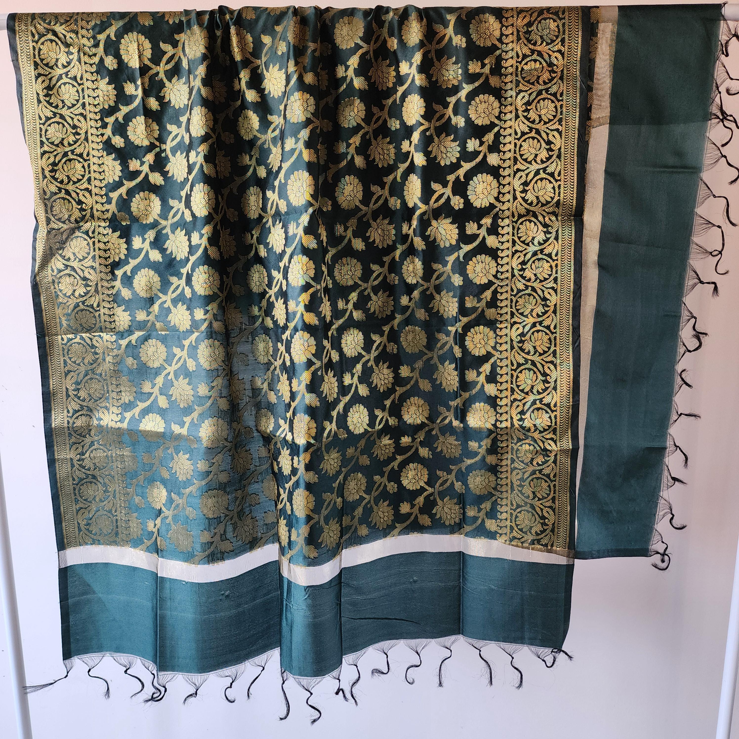 Dark Green Banarasi Dupatta with Rich Golden Zari Motifs A Classic Choice for Ethnic Looks.