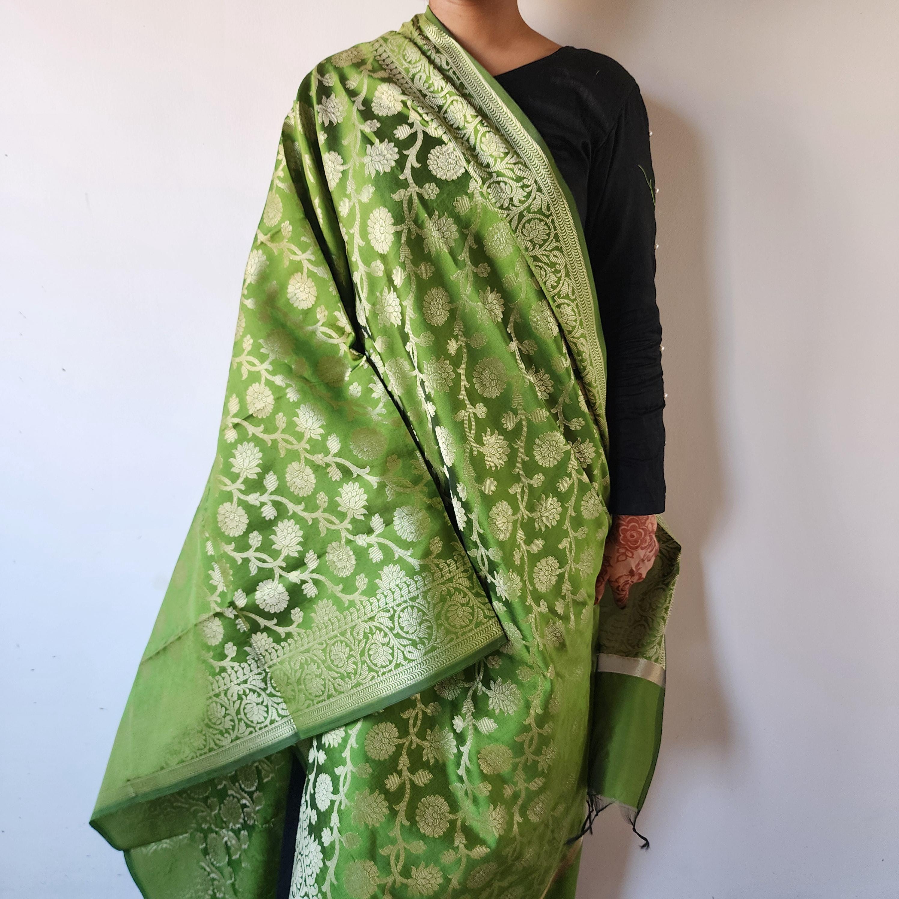 Mehendi Green Banarasi Silk Dupatta with Floral Kairi Border
