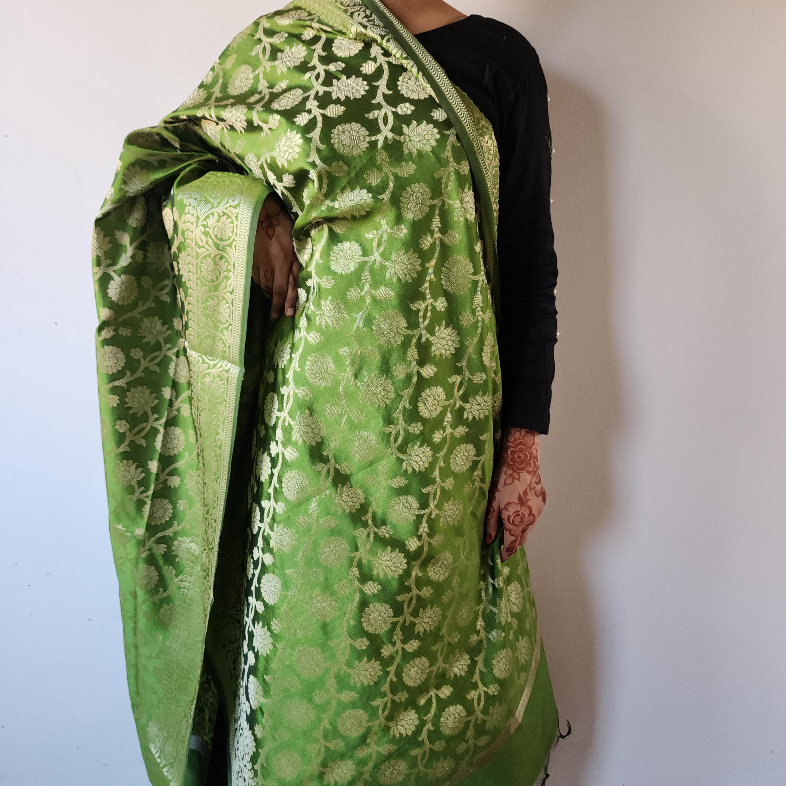 Mehendi Green Banarasi Dupatta with Subtle Gold Zari Fresh, Festive & Stylish for All Celebrations