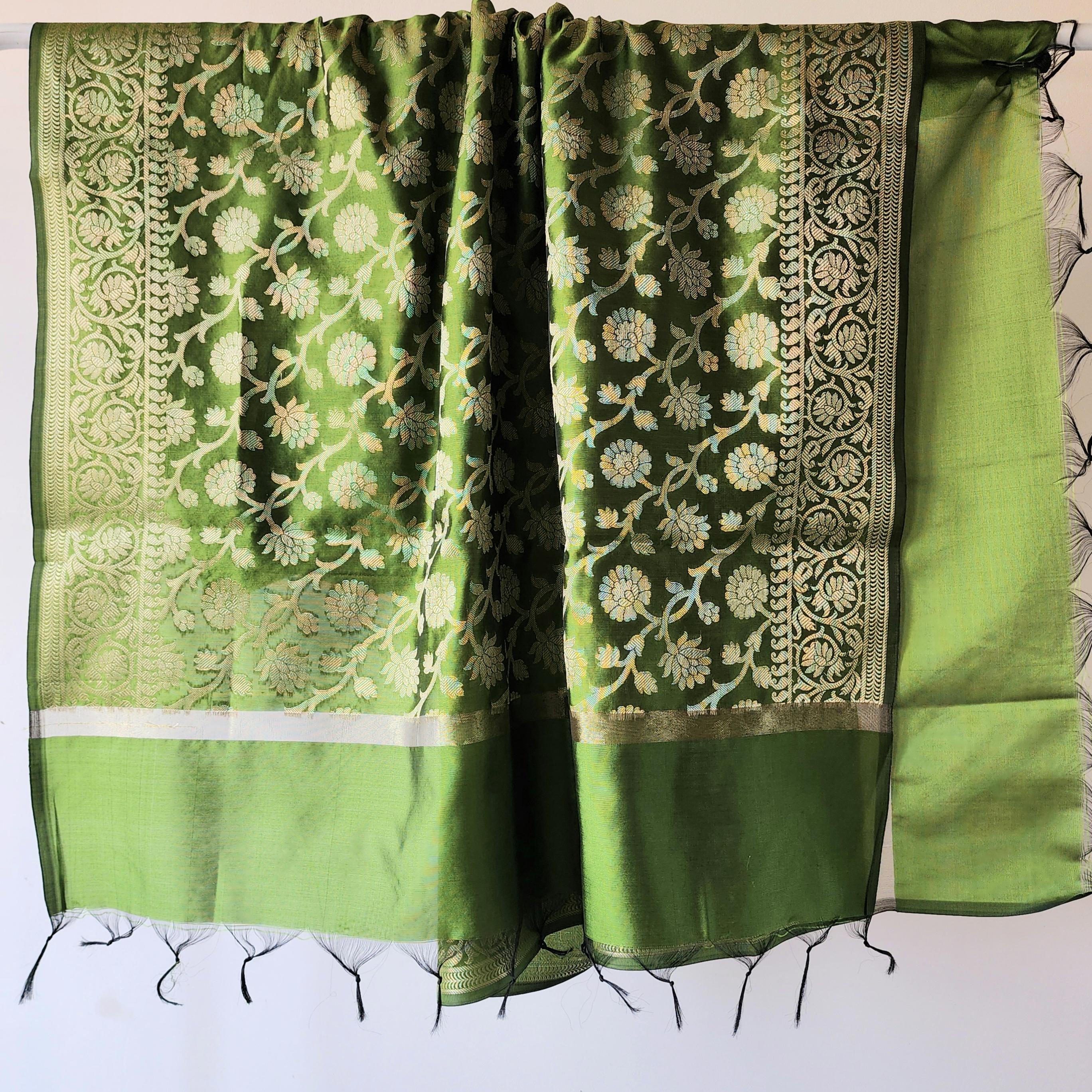 Mehendi Green Banarasi Silk Dupatta with Floral Kairi Border
