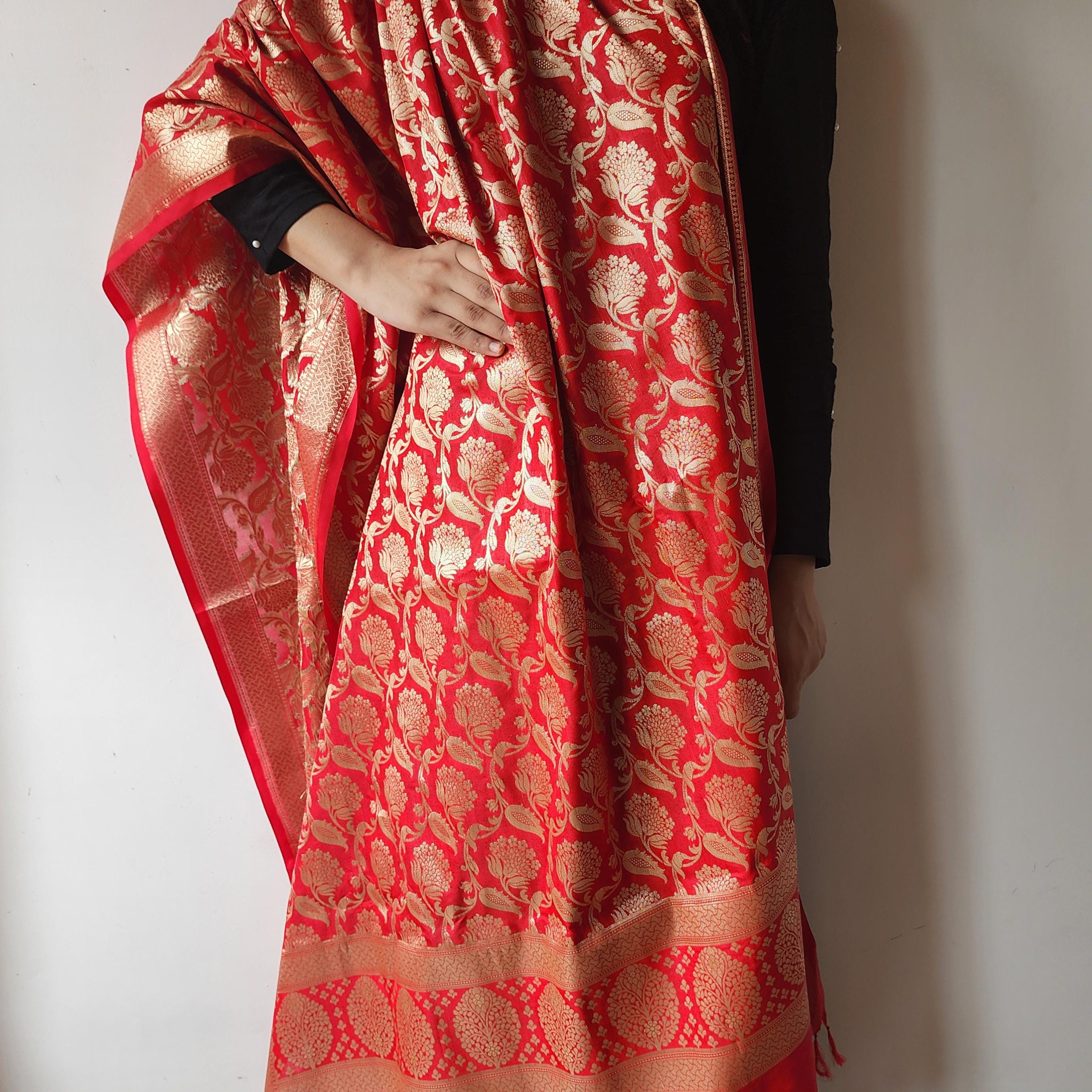 Vibrant Red Banarasi Dupatta with Gold Zari Floral Buta