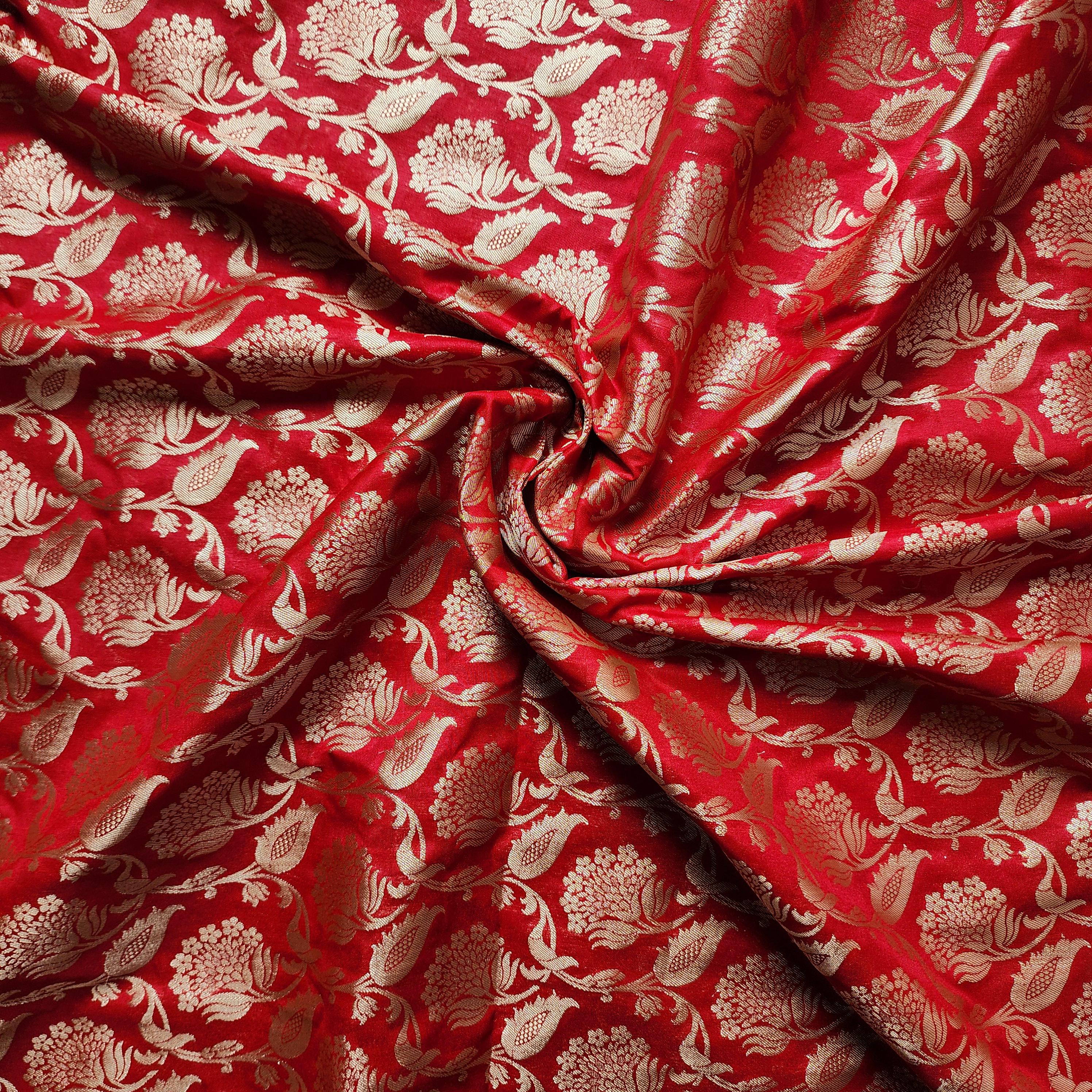 Vibrant Red Banarasi Dupatta with Gold Zari Floral Buta