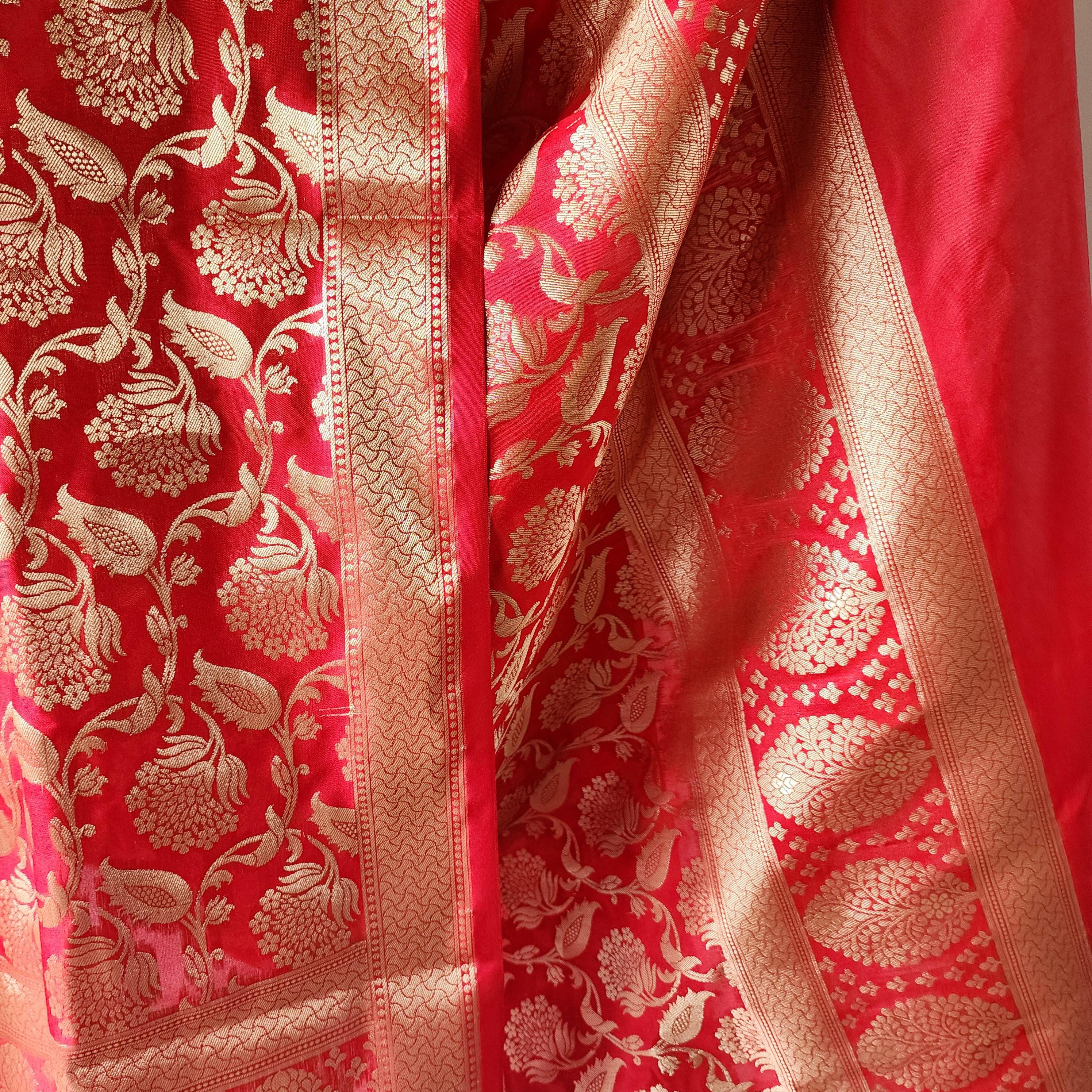 Vibrant Red Banarasi Dupatta with Gold Zari Floral Weave Rich & Timeless Look for Weddings, Festive Wear Traditional Outfits