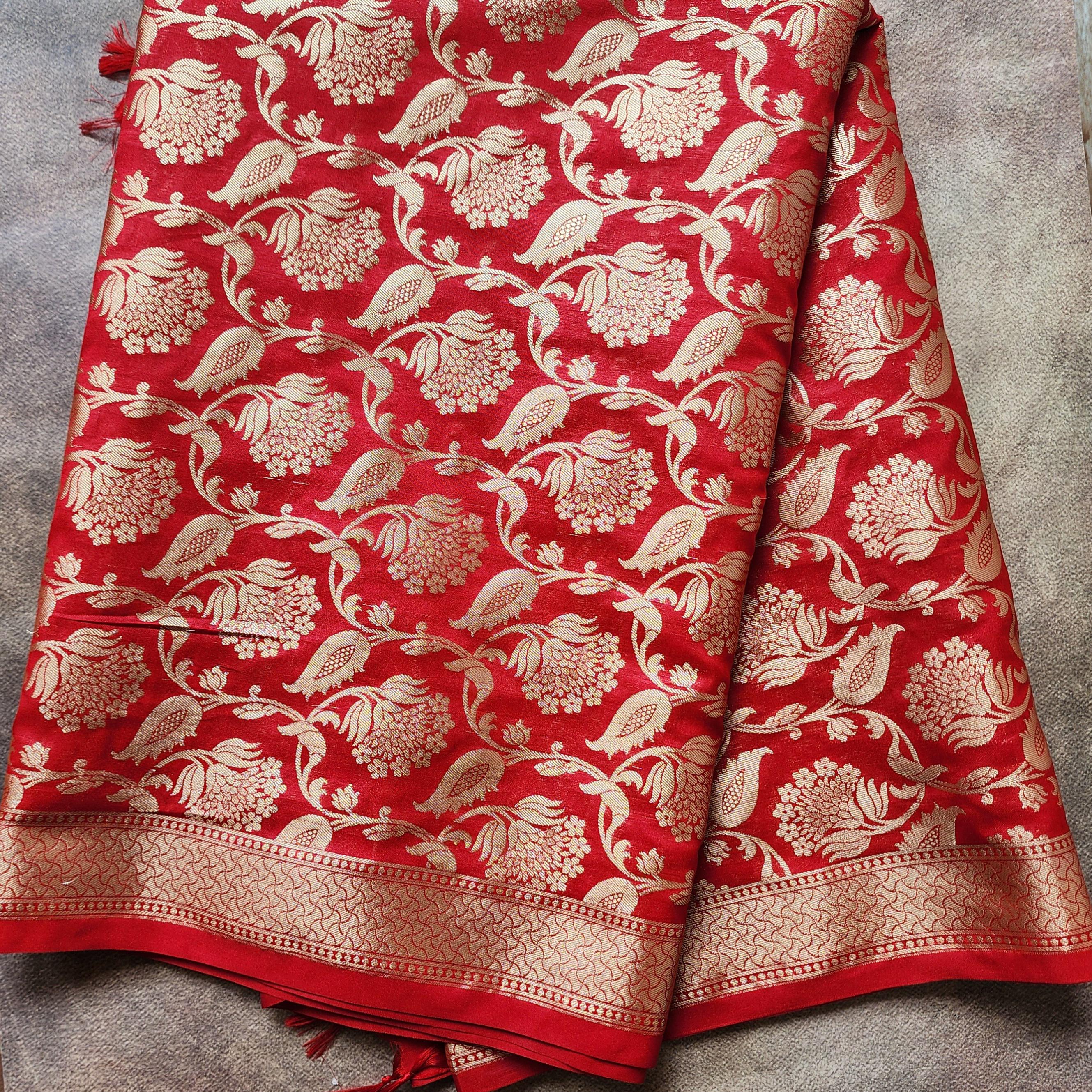 Vibrant Red Banarasi Dupatta with Gold Zari Floral Buta