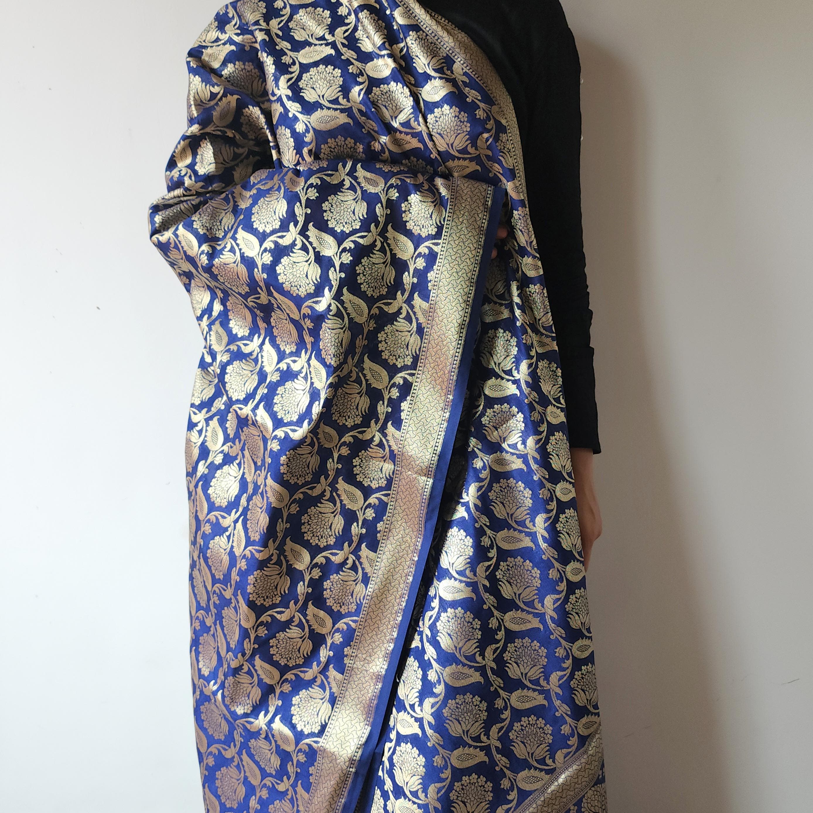 Royal Blue Banarasi Dupatta with Gold Zari Floral Buta Festive & Elegant Addition for Traditional and Wedding Wear