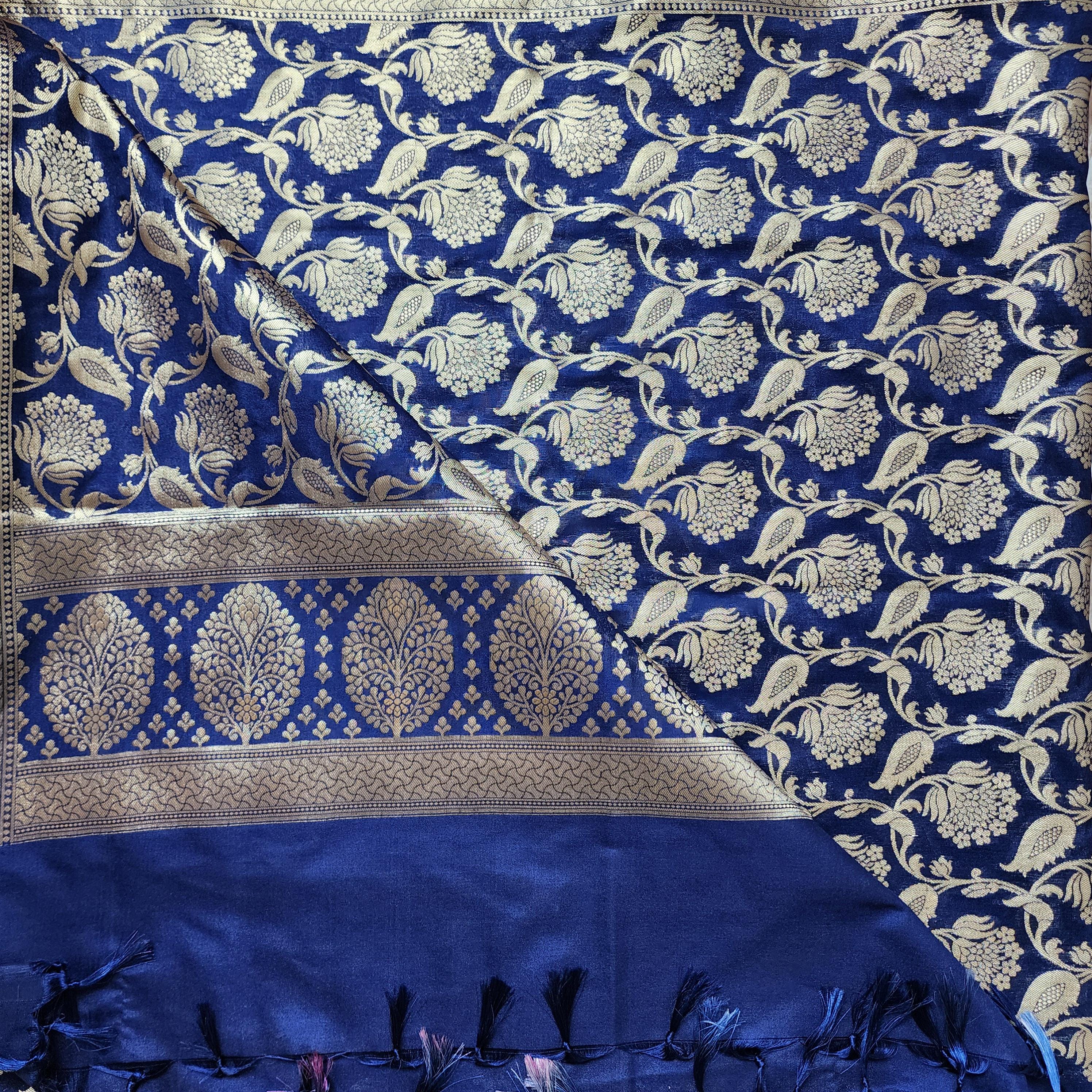 Royal Blue Banarasi Dupatta with Gold Zari Floral Buta Festive & Elegant Addition for Traditional and Wedding Wear