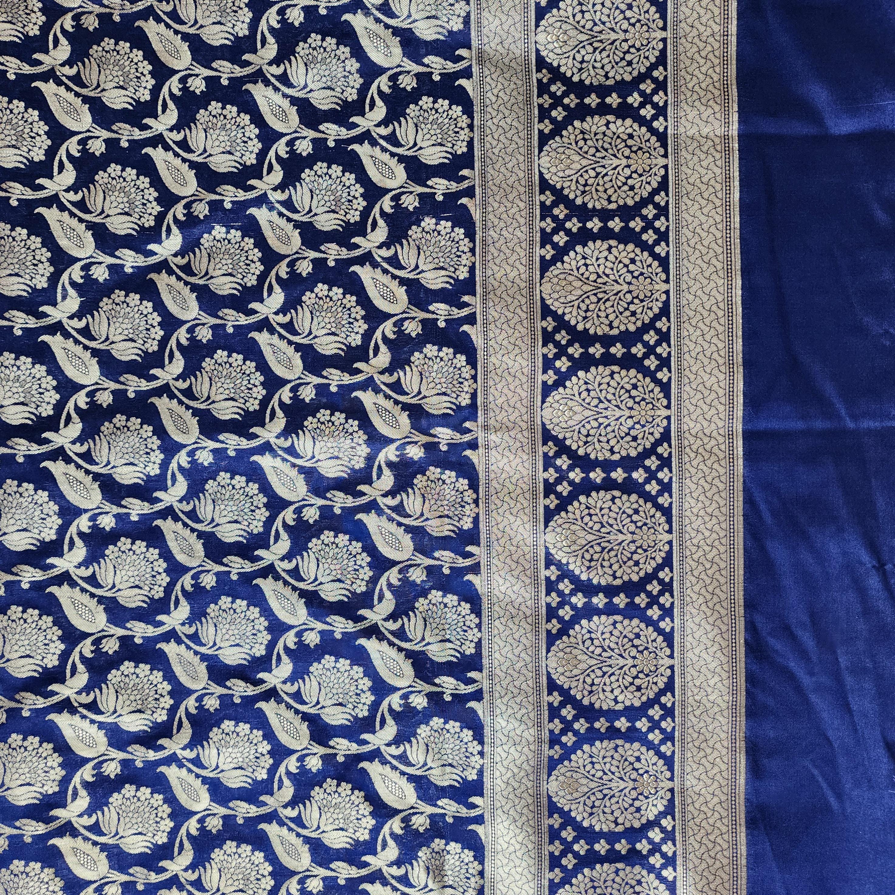 Royal Blue Banarasi Dupatta with Gold Zari Floral Buta Festive & Elegant Addition for Traditional and Wedding Wear