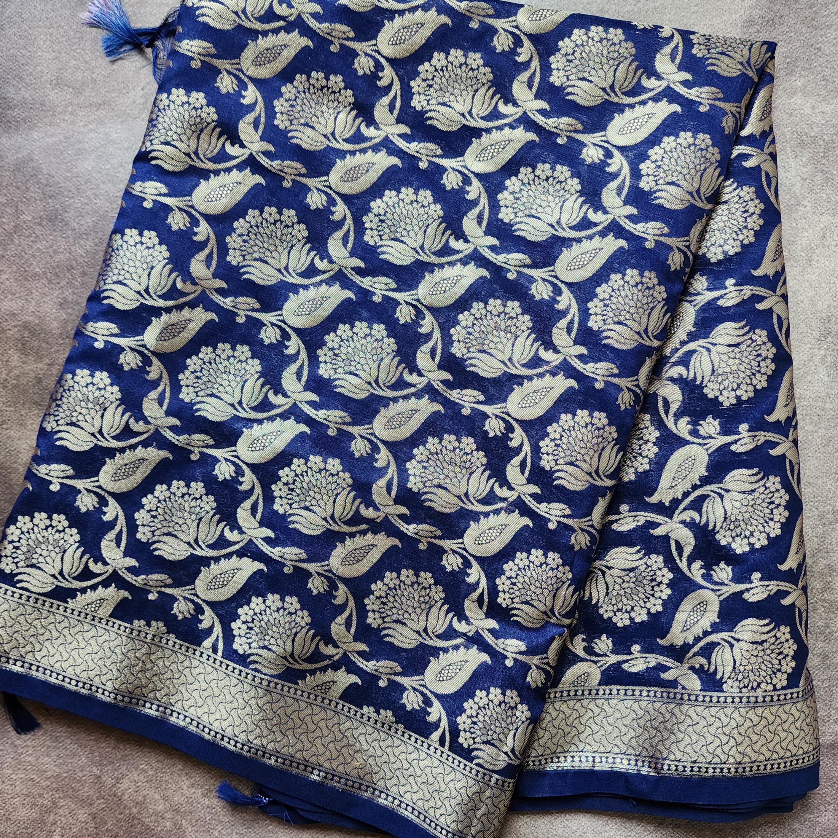 Royal Blue Banarasi Dupatta with Gold Zari Floral Buta Festive & Elegant Addition for Traditional and Wedding Wear