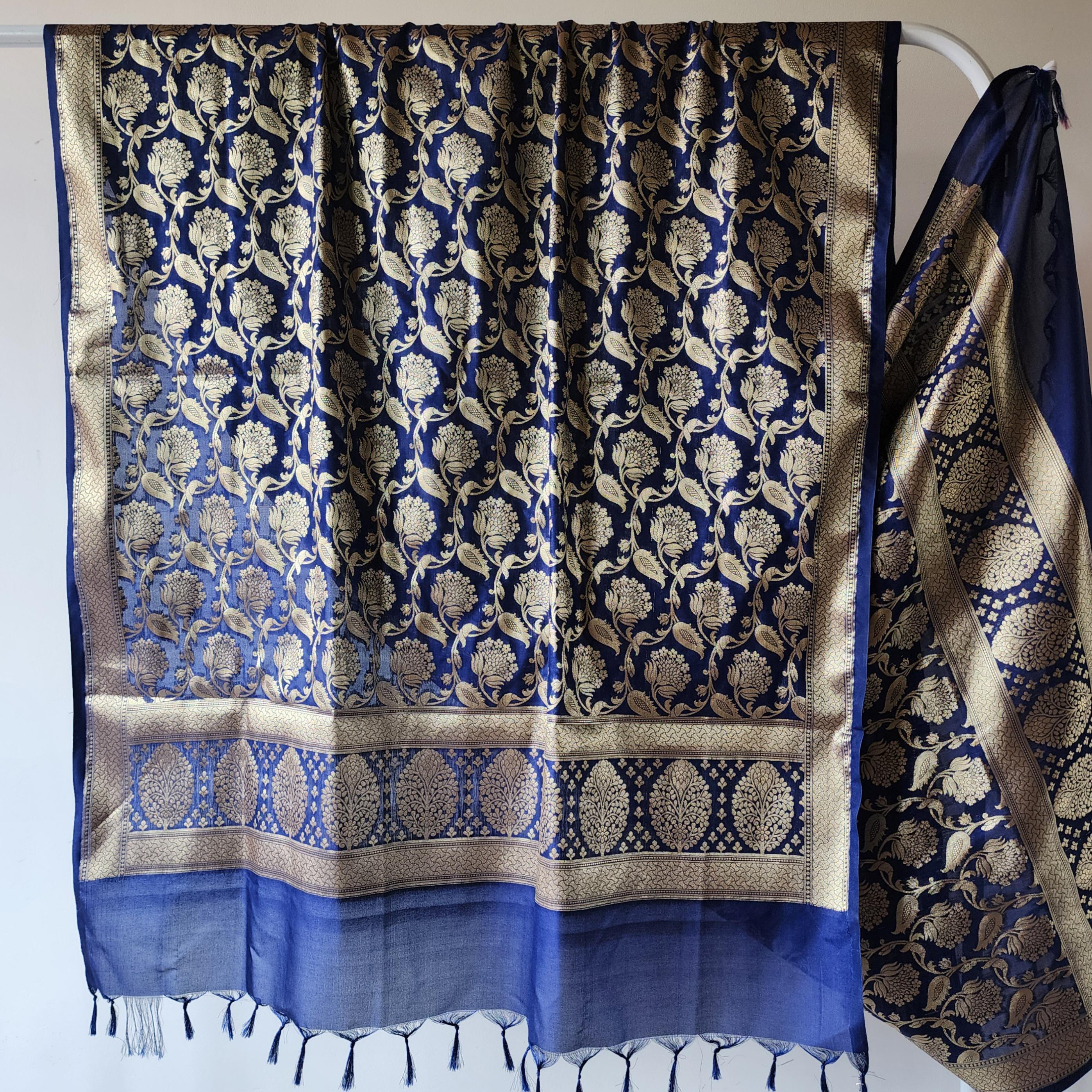 Royal Blue Banarasi Dupatta with Gold Zari Floral Buta Festive & Elegant Addition for Traditional and Wedding Wear