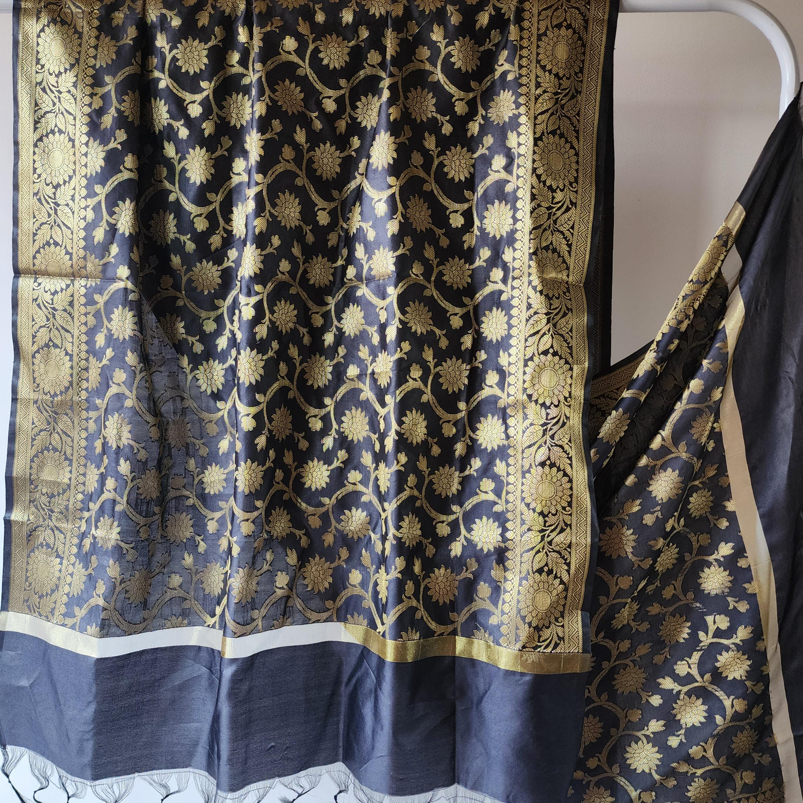 Black Banarasi Dupatta with Gold Floral Weave  Perfect for Evening Wear and Special Occasions