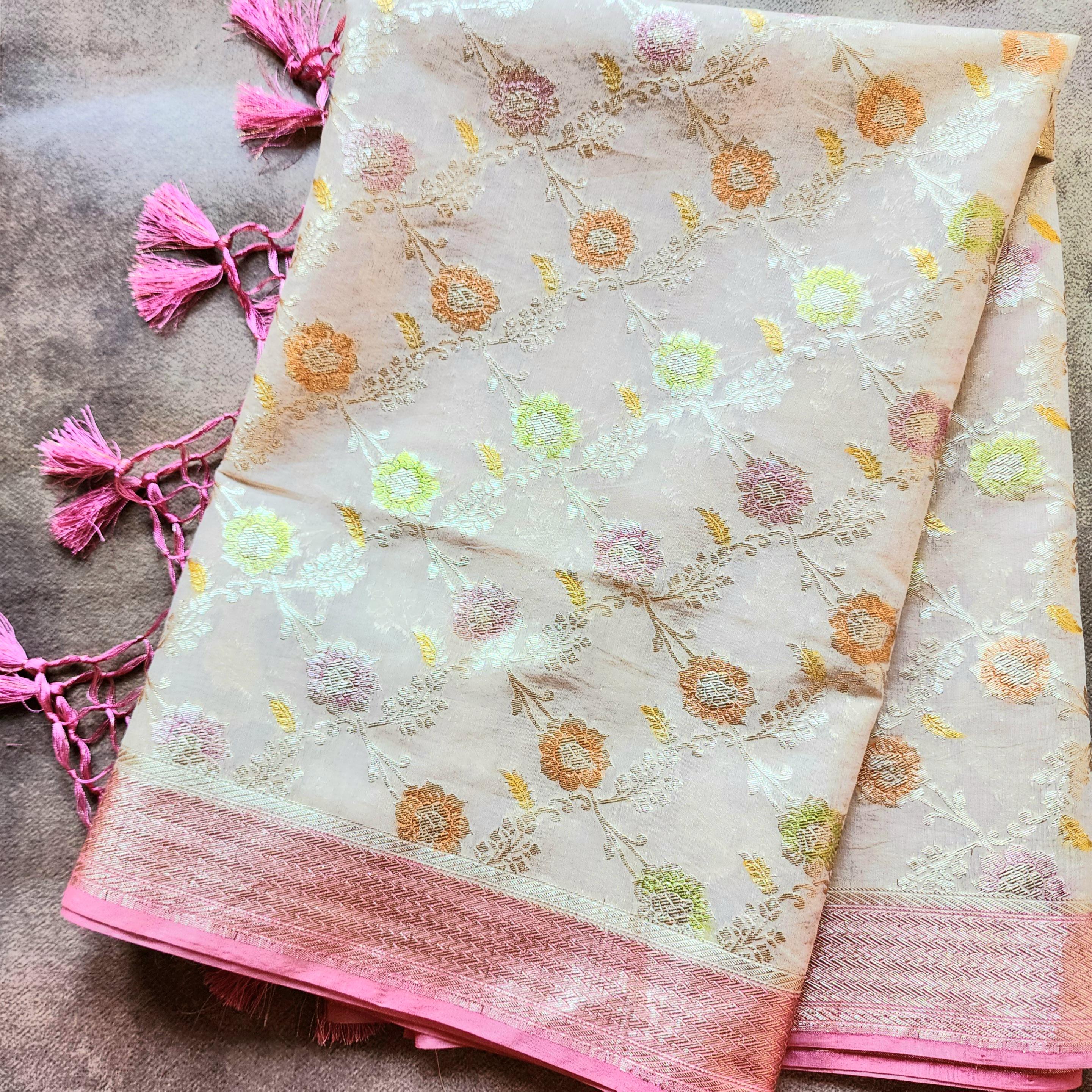 Banarasi Linen Silk Beige & Powder Pink dupatta, Handpainted Multicolor meenakari work Indian traditional & Festive wear Dupatta