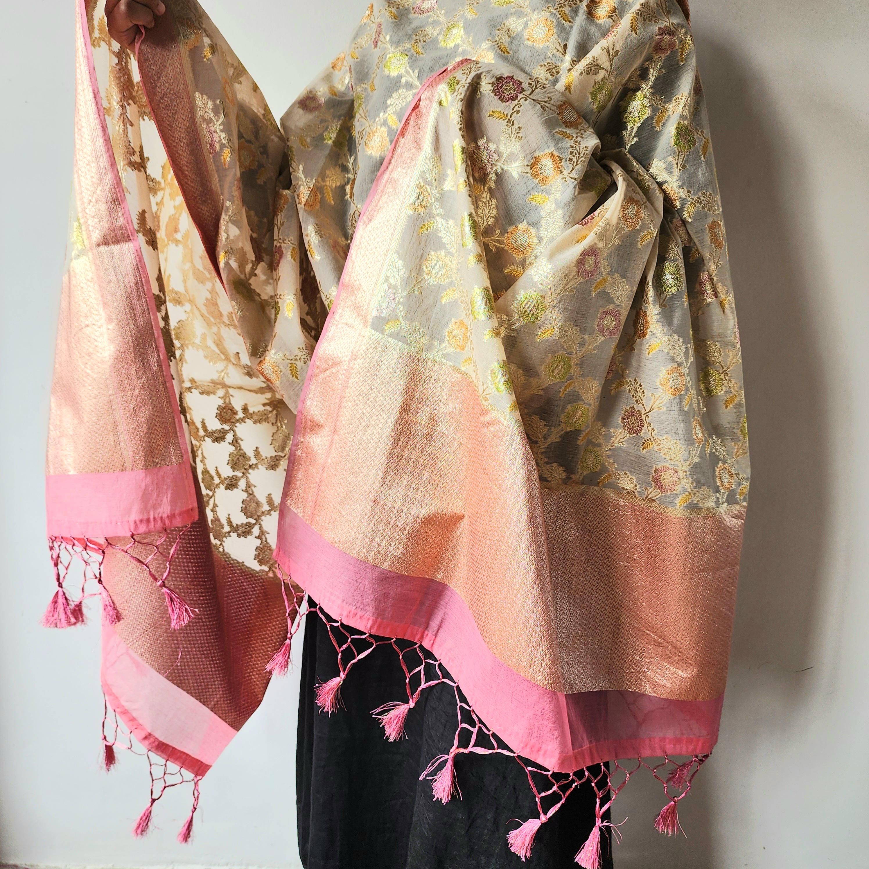 Banarasi Linen Silk Beige & Powder Pink dupatta, Handpainted Multicolor meenakari work Indian traditional & Festive wear Dupatta
