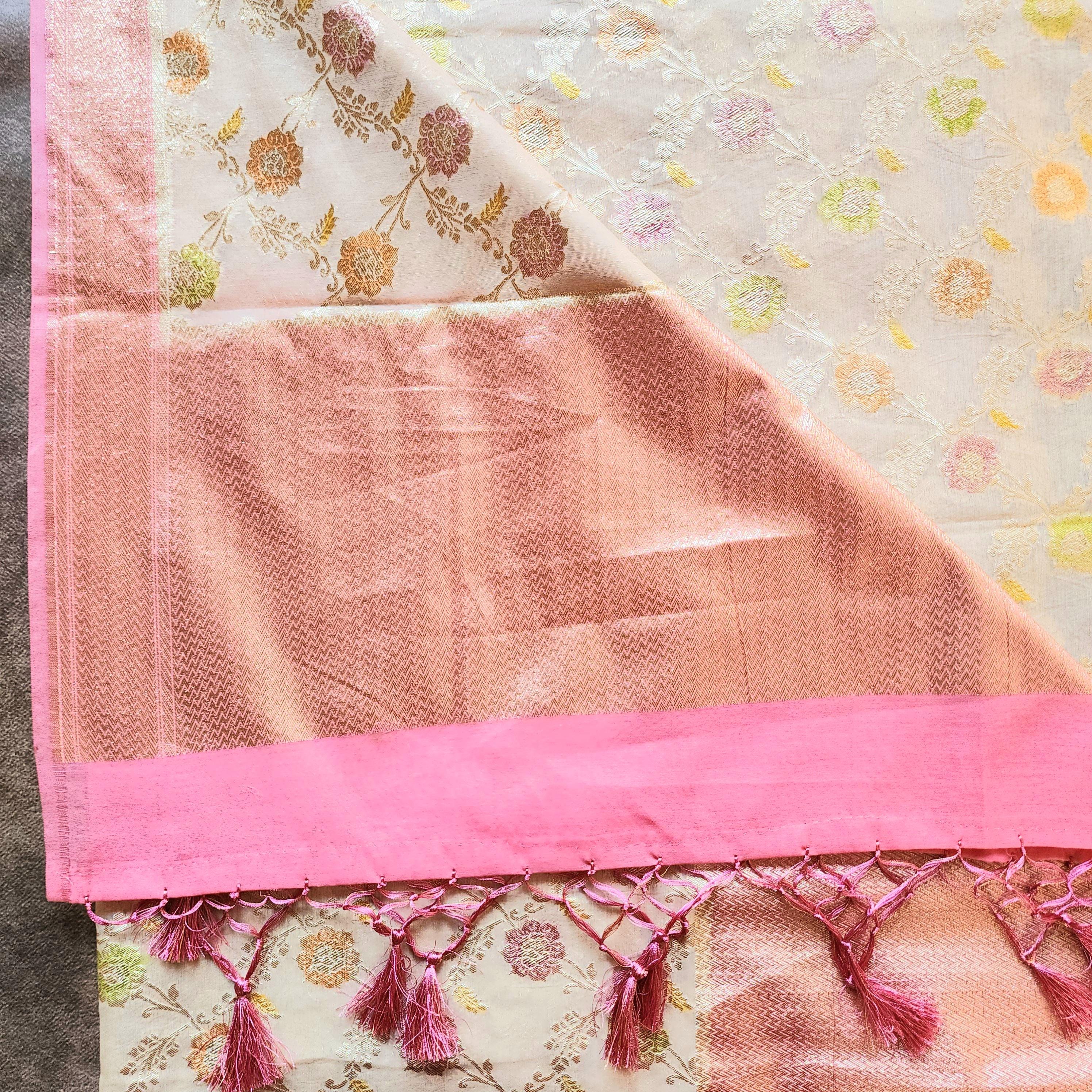 Banarasi Linen Silk Beige & Powder Pink dupatta, Handpainted Multicolor meenakari work Indian traditional & Festive wear Dupatta