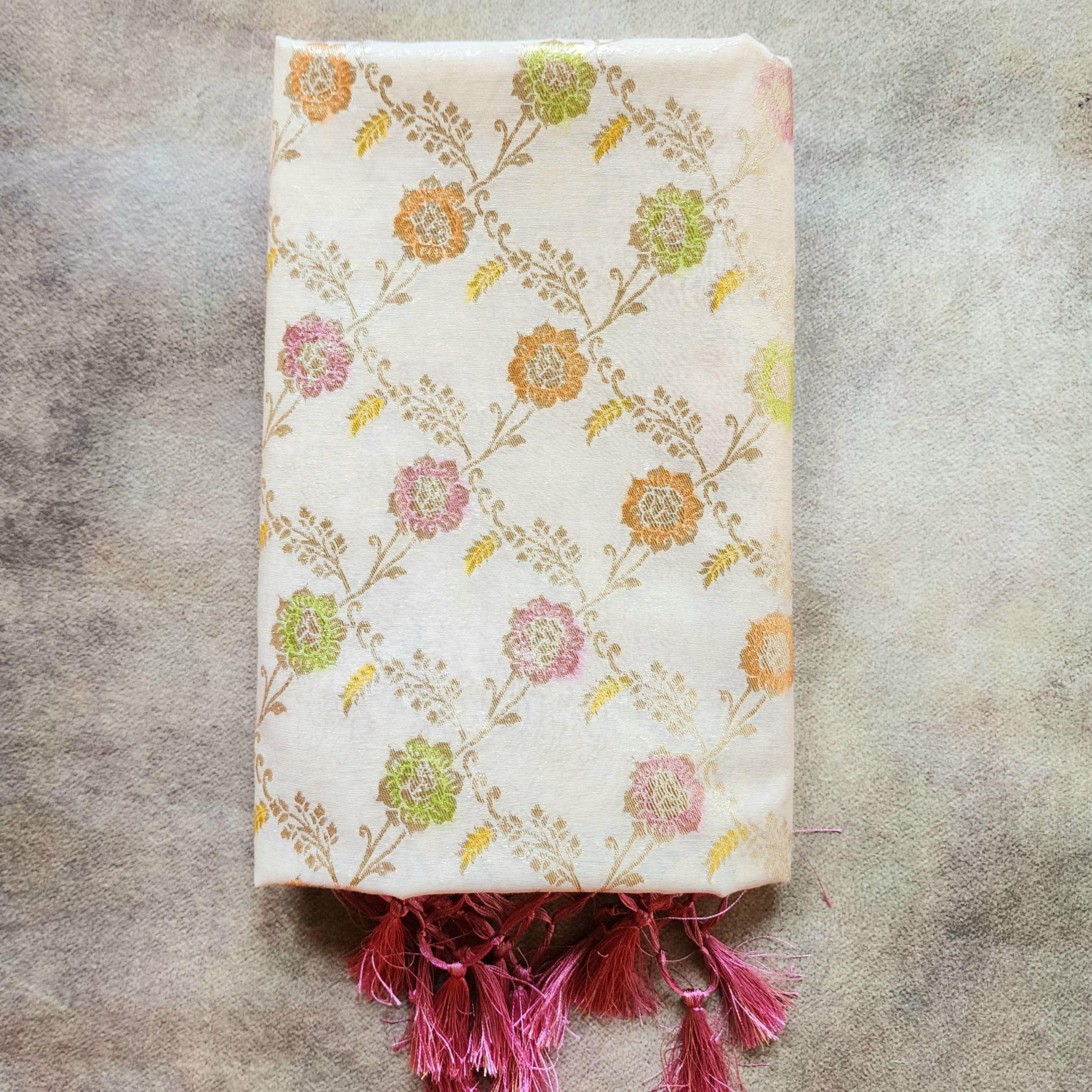 Banarasi Linen Silk Dupatta in Beige & Powder Pink