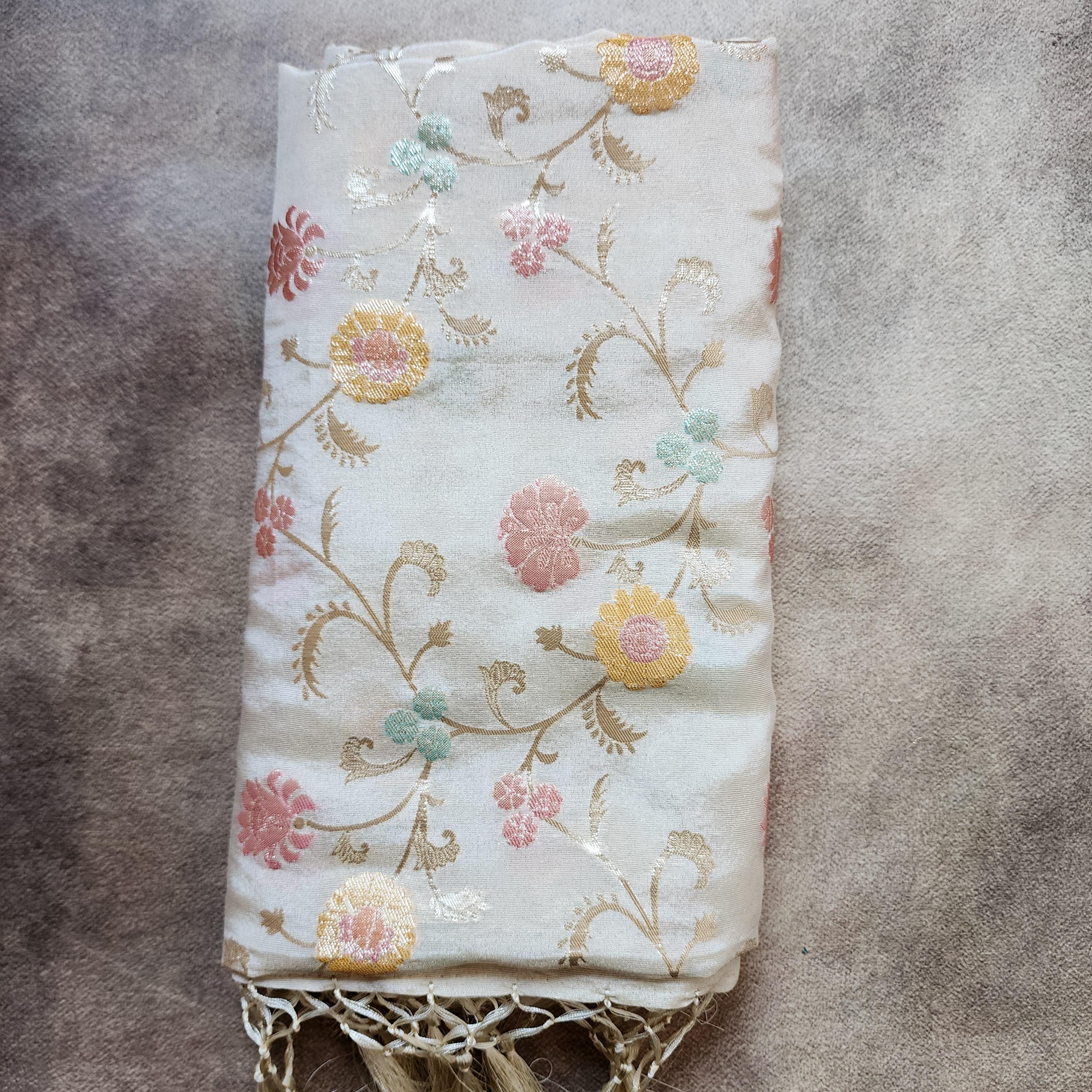 Banarasi Brocade Beige dupatta, Handpainted Multicolor meenakari work Indian traditional & Festive wear Dupatta