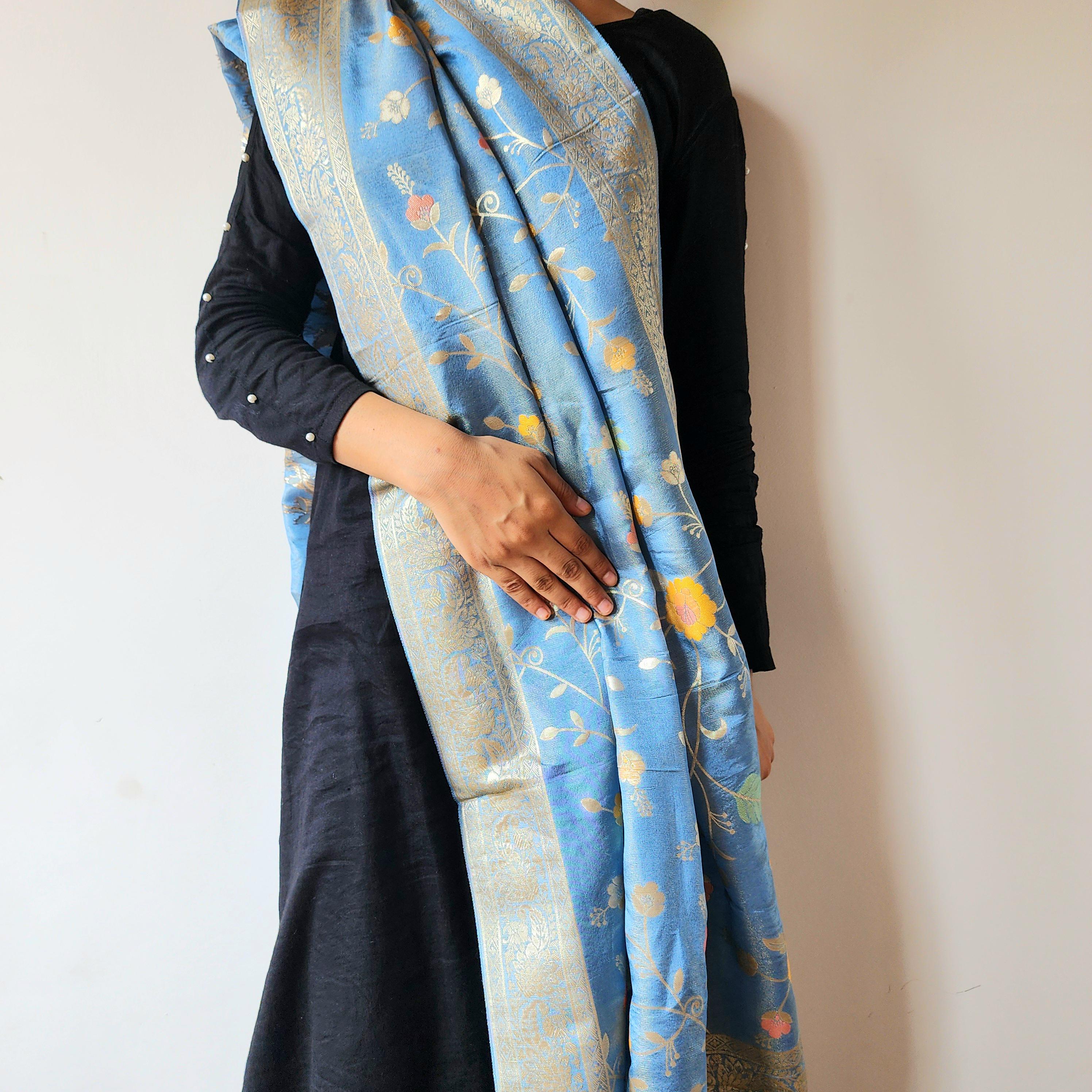 Banarasi Brocade Silk Sky Blue dupatta, Handpainted Multicolor meenakari work Indian traditional & Festive wear Dupatta