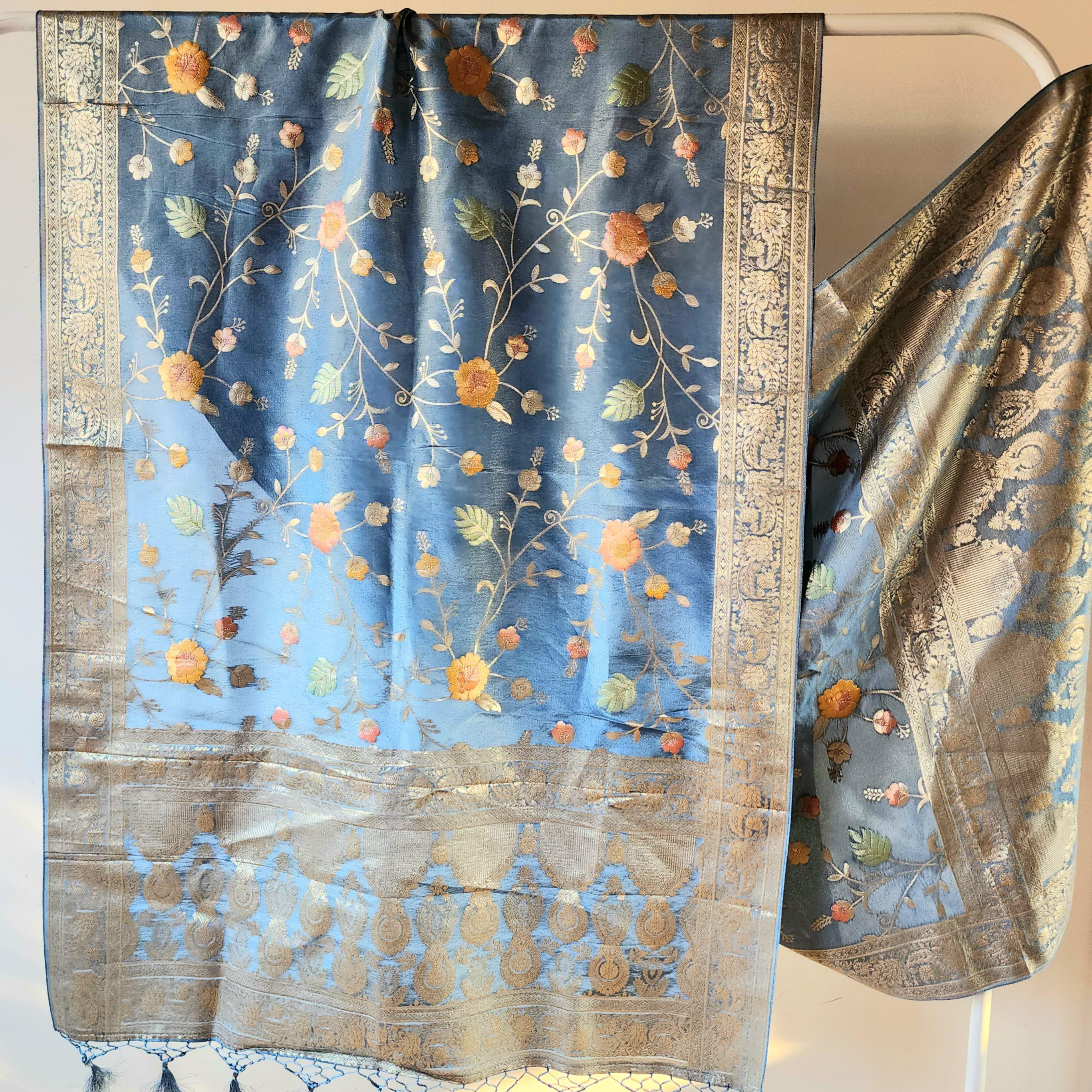 Banarasi Brocade Silk Sky Blue dupatta, Handpainted Multicolor meenakari work Indian traditional & Festive wear Dupatta