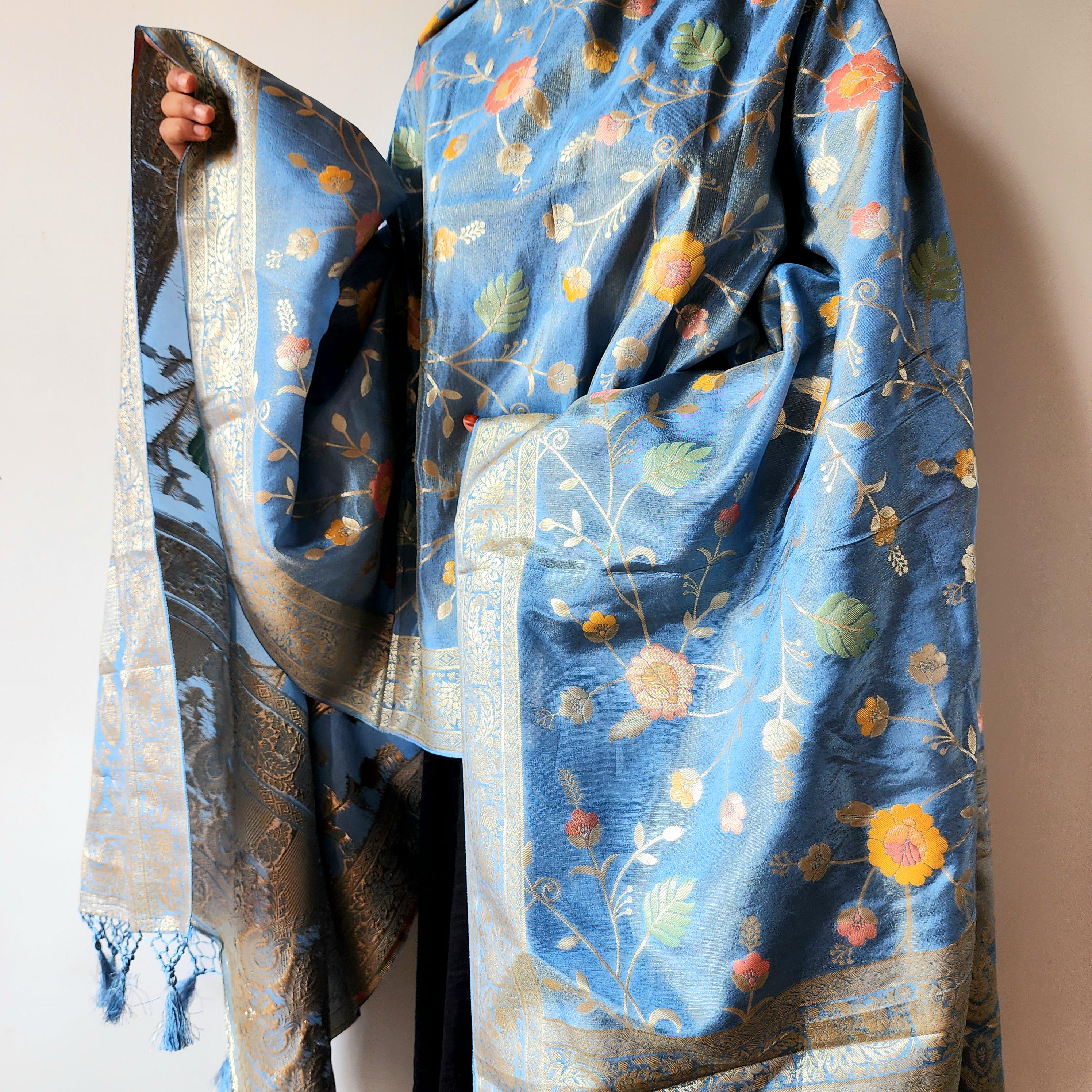 Banarasi Brocade Silk Sky Blue dupatta, Handpainted Multicolor meenakari work Indian traditional & Festive wear Dupatta