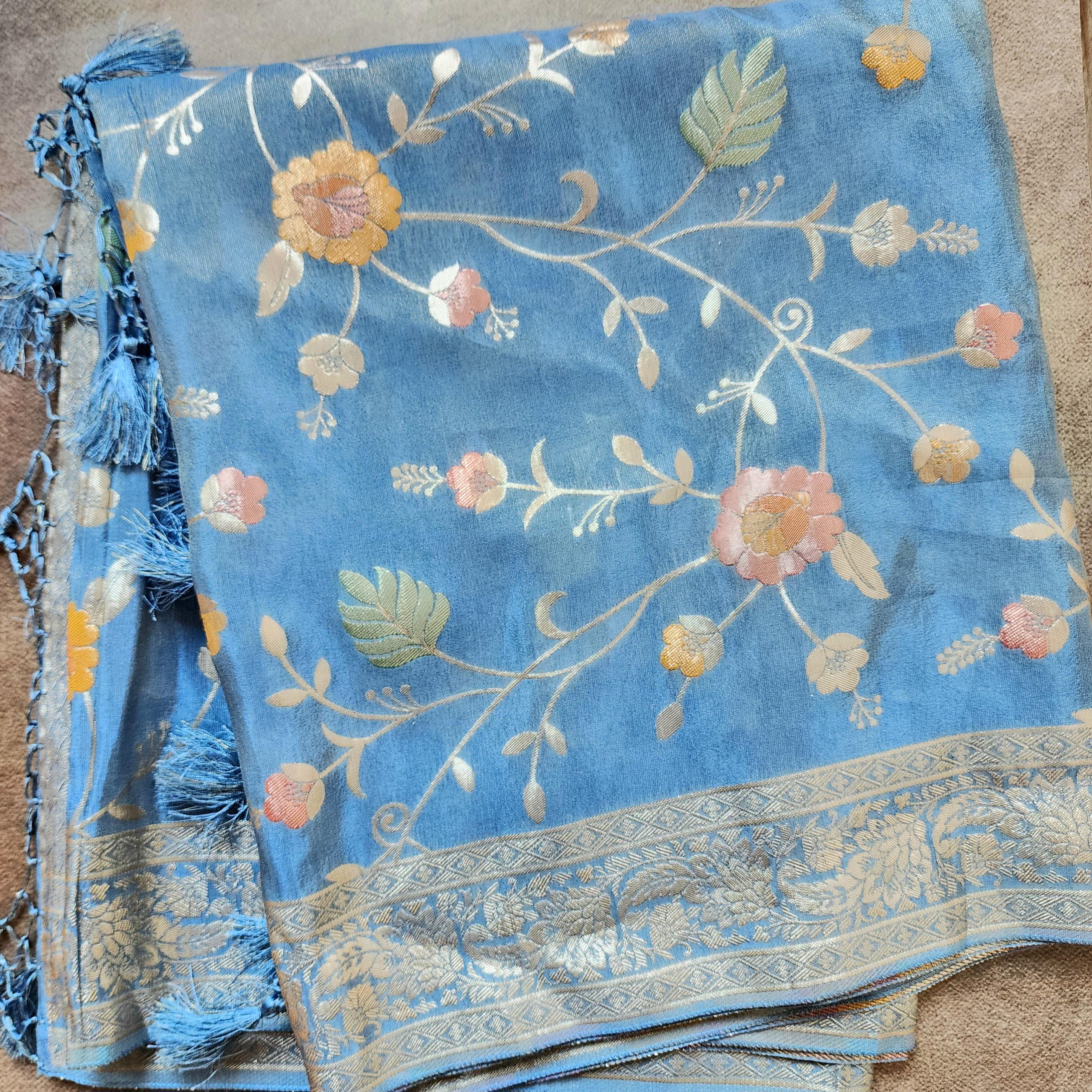 Banarasi Brocade Silk Sky Blue dupatta, Handpainted Multicolor meenakari work Indian traditional & Festive wear Dupatta