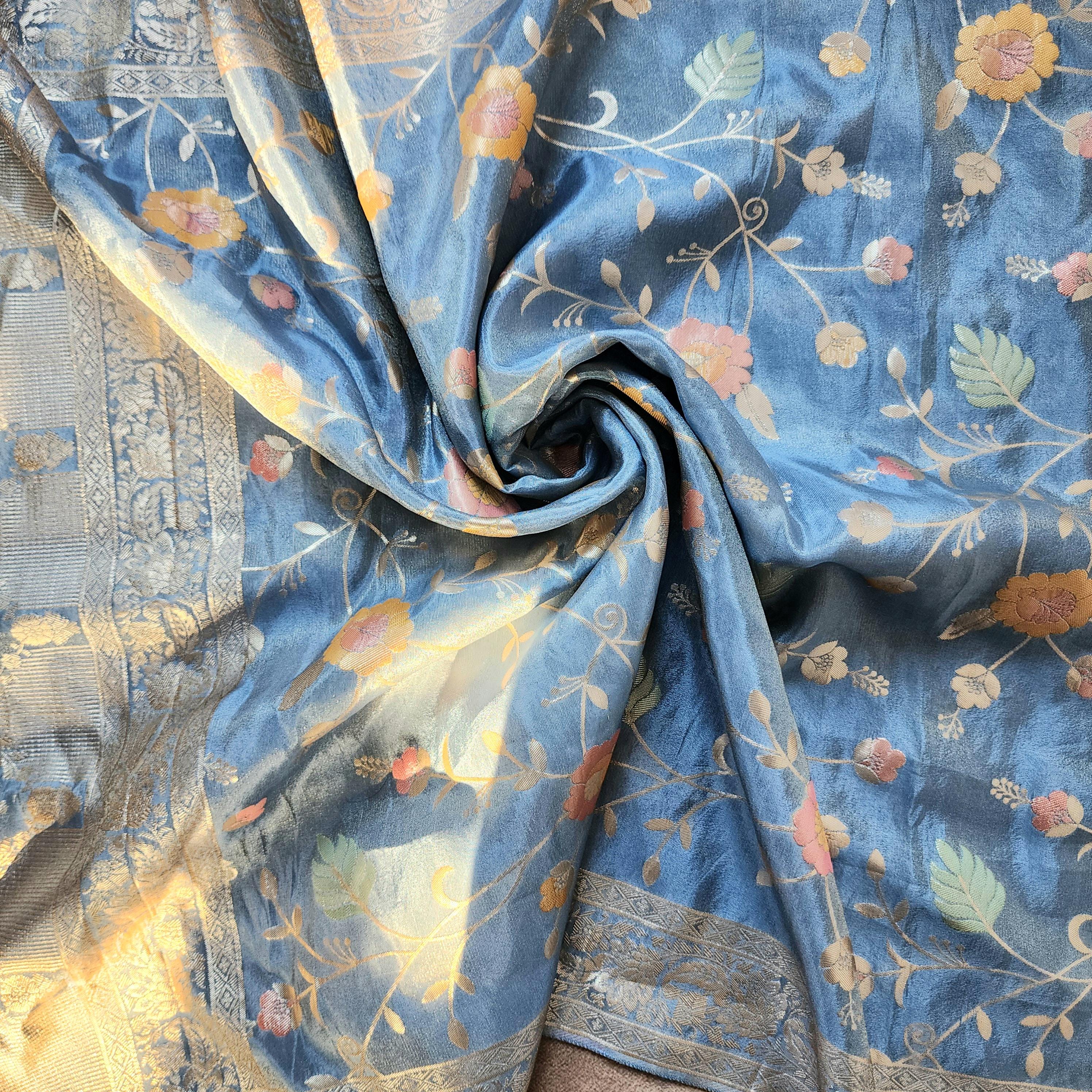Banarasi Brocade Silk Sky Blue dupatta, Handpainted Multicolor meenakari work Indian traditional & Festive wear Dupatta