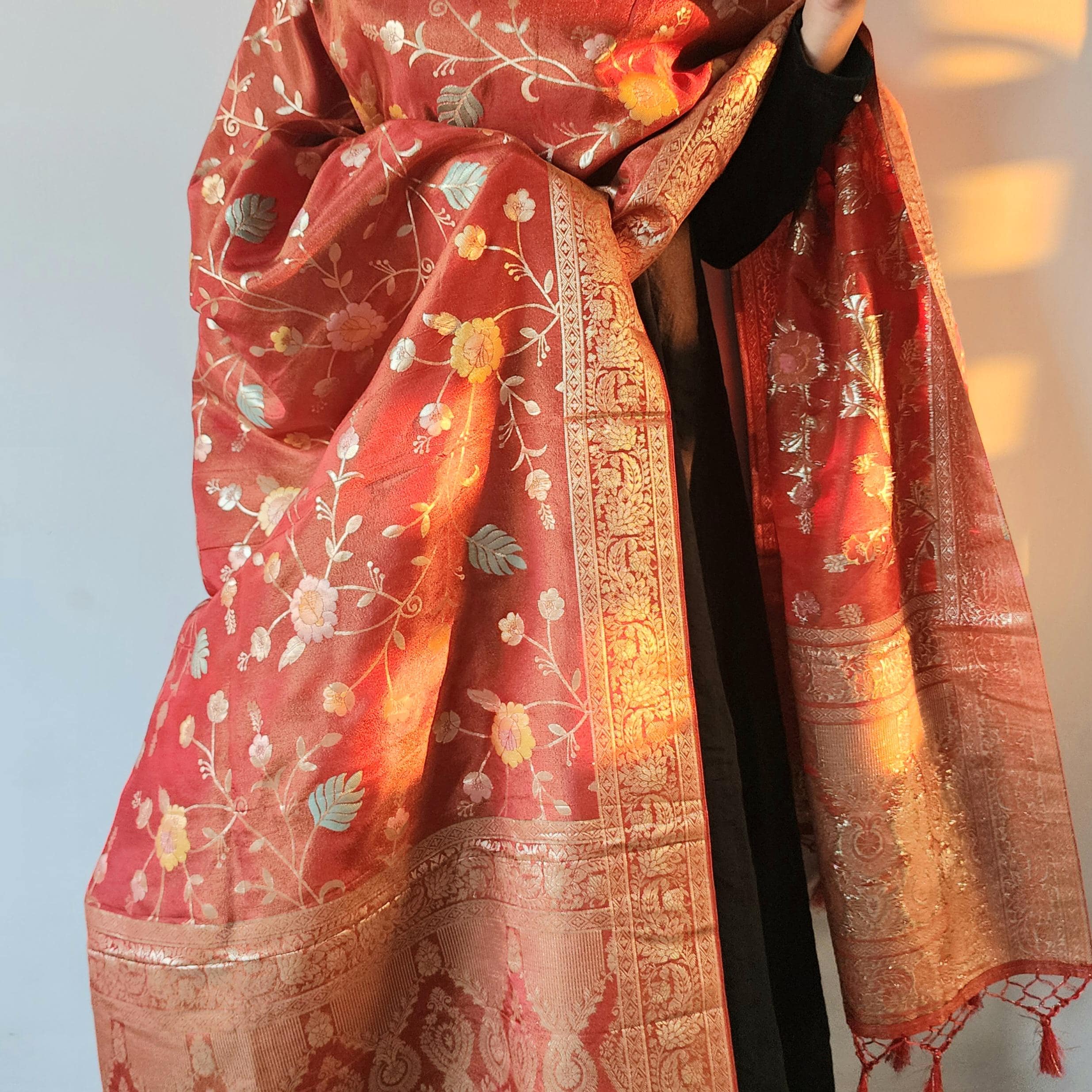Banarasi Brocade Brick Red dupatta, Handpainted Multicolor meenakari work Indian traditional & Festive wear Dupatta
