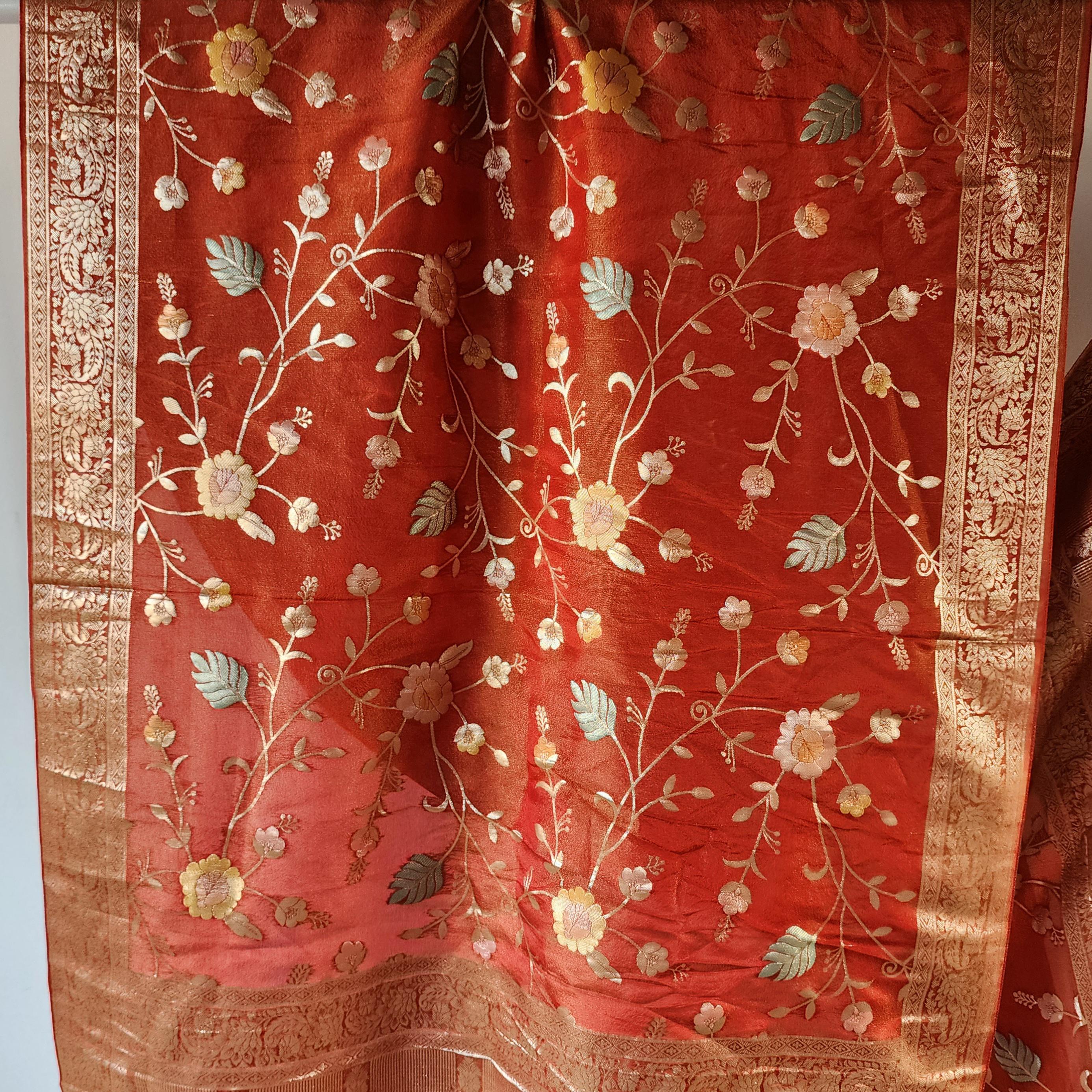 Banarasi Brocade Brick Red dupatta, Handpainted Multicolor meenakari work Indian traditional & Festive wear Dupatta