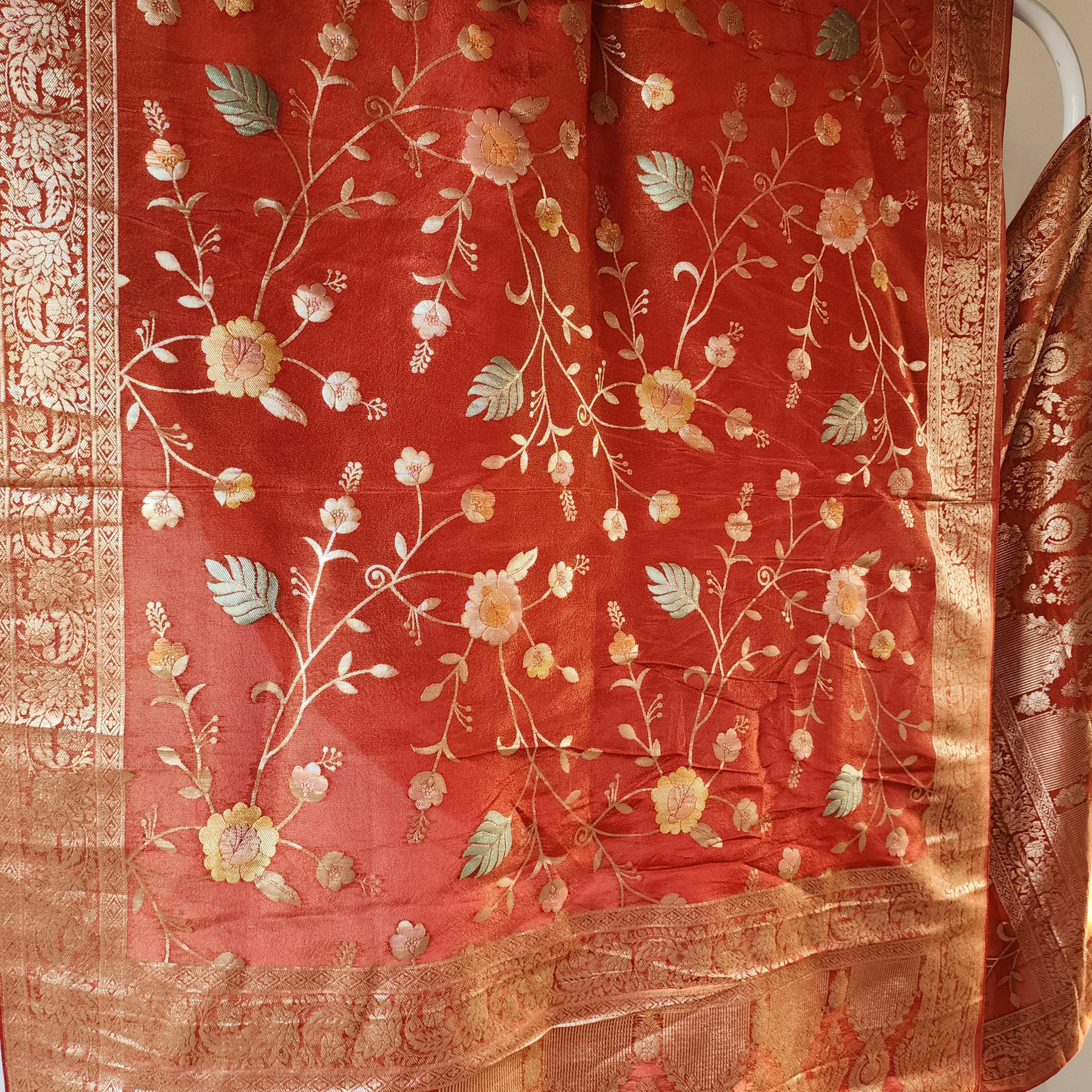 Banarasi Brocade Brick Red dupatta, Handpainted Multicolor meenakari work Indian traditional & Festive wear Dupatta